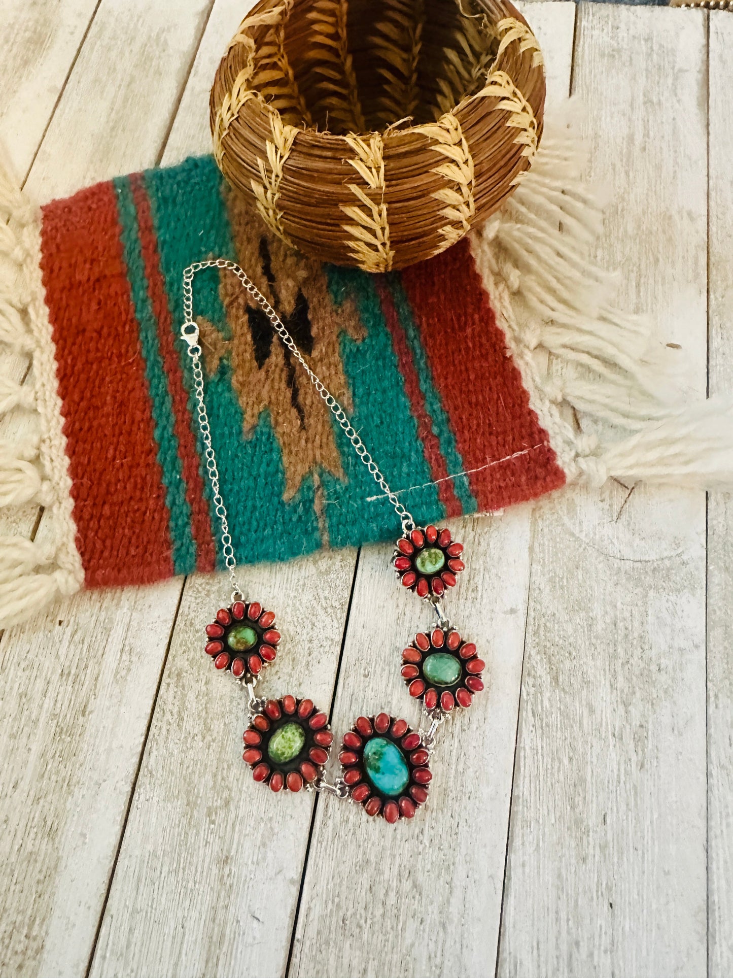 ** Christmas Collection ** Handmade Sterling Silver, Turquoise & Coral Necklace Signed Nizhoni