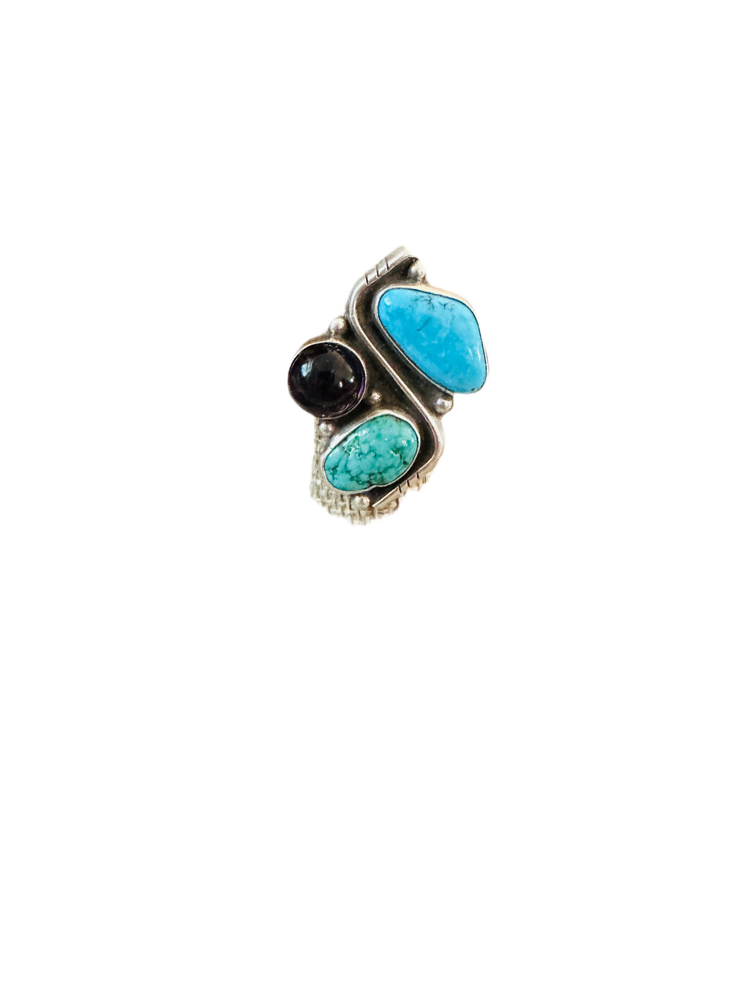 Old Pawn Navajo Sterling Silver, Turquoise & Amethyst Adjustable Ring