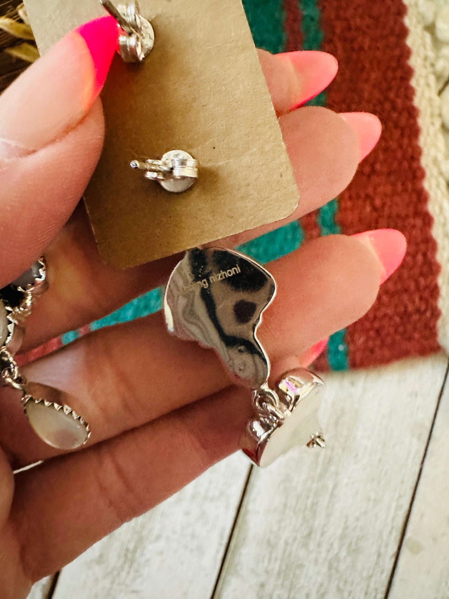** Christmas Collection ** Handmade Sterling Silver & Mother of Pearl Dangle Earrings Signed Nizhoni