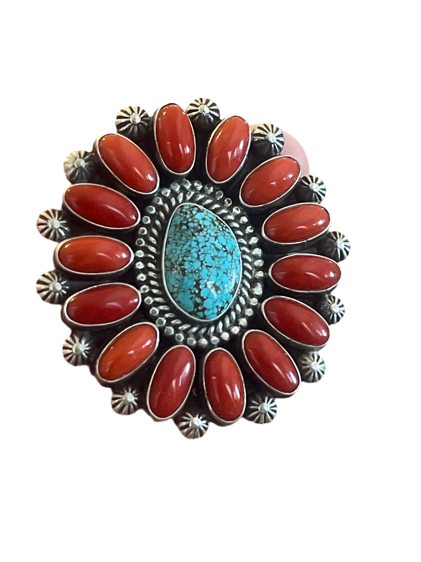 Navajo Sterling Silver, Mediterranean Coral and Spiderweb Kingman Cluster Ring, Adjustable