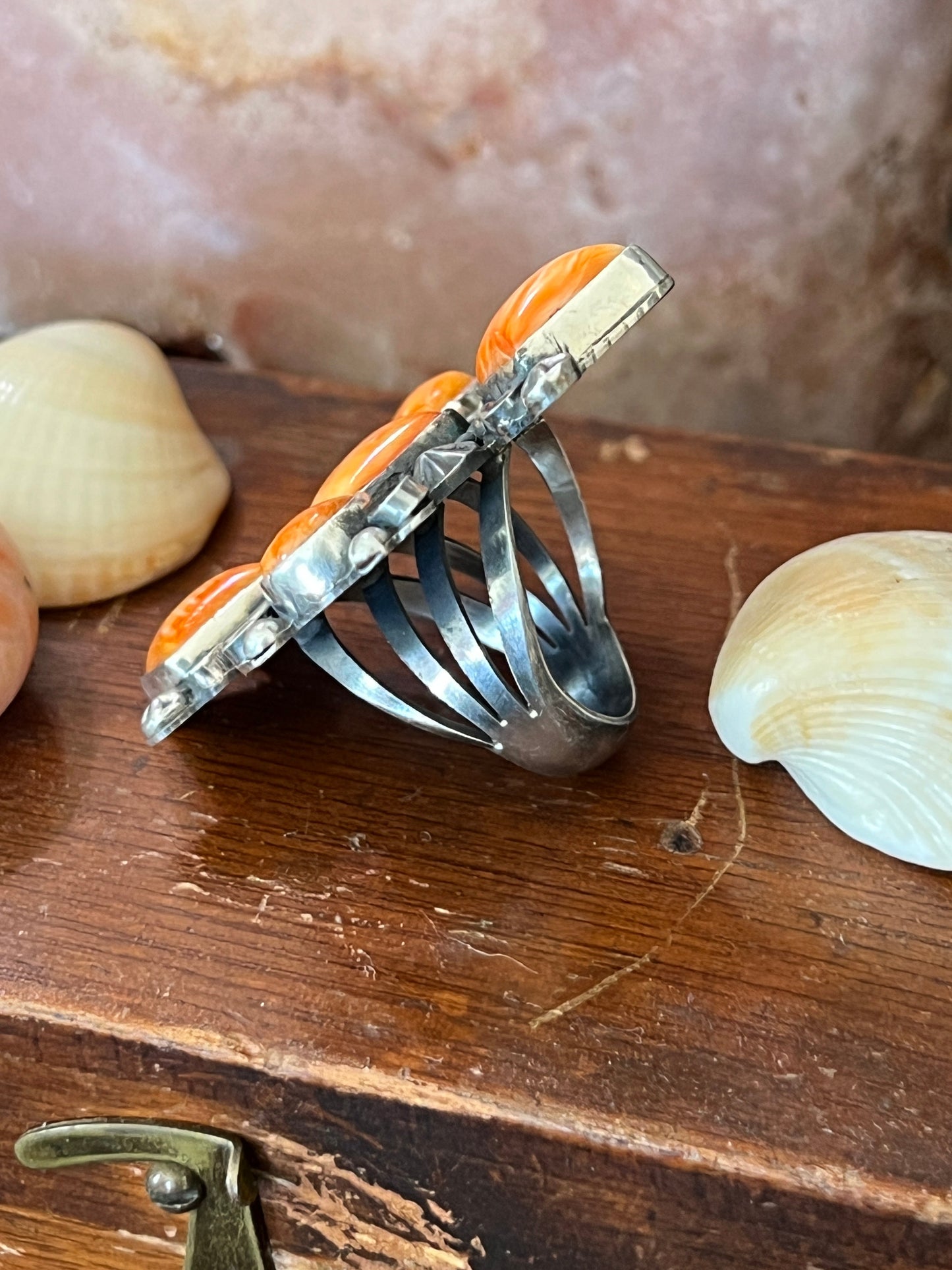Apache Sterling Silver and Orange Spiny Oyster Shell Intuition Ring, Size 8