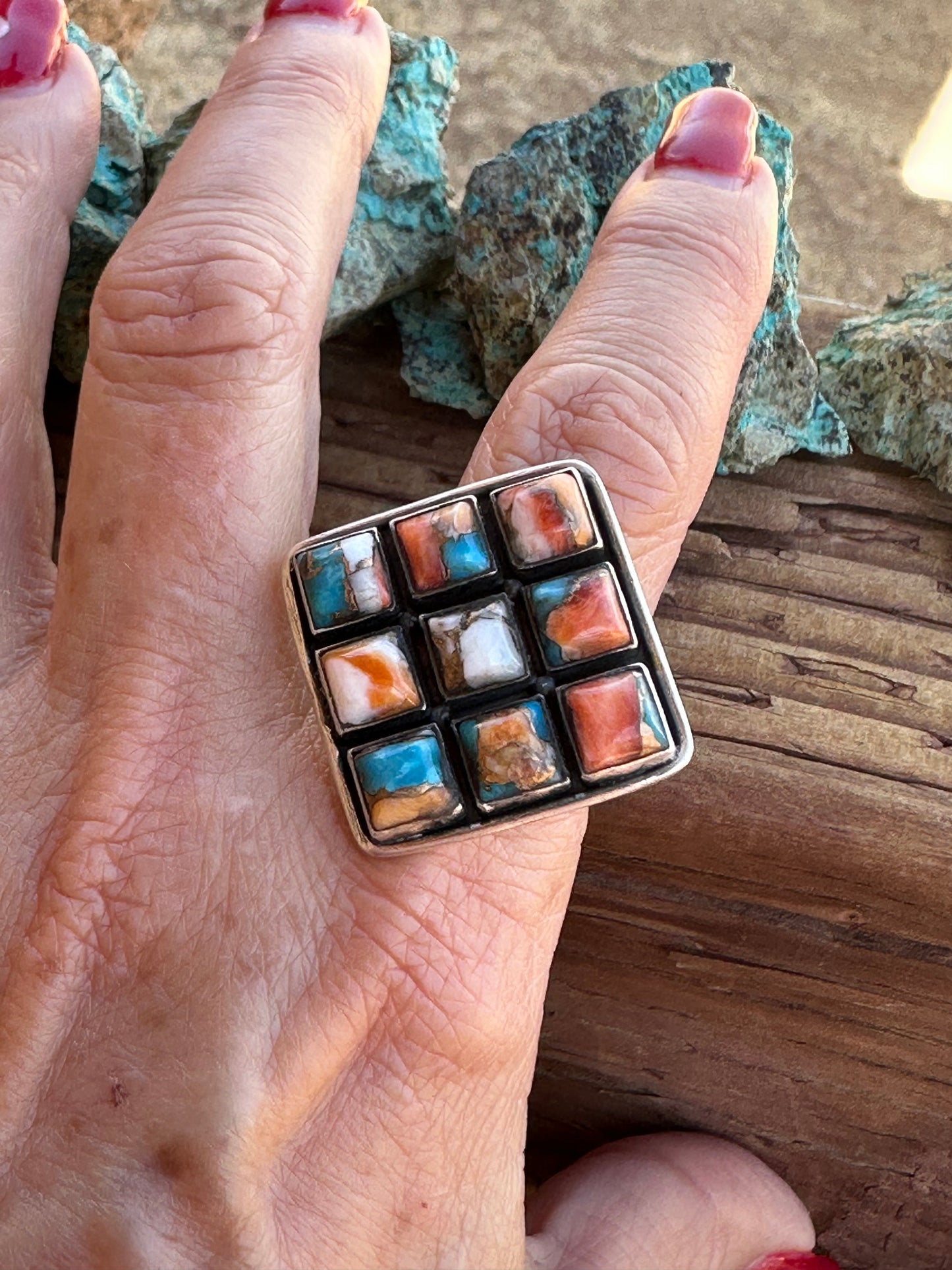 Beautiful Handmade Sterling Silver And Spice Square Adjustable Ring