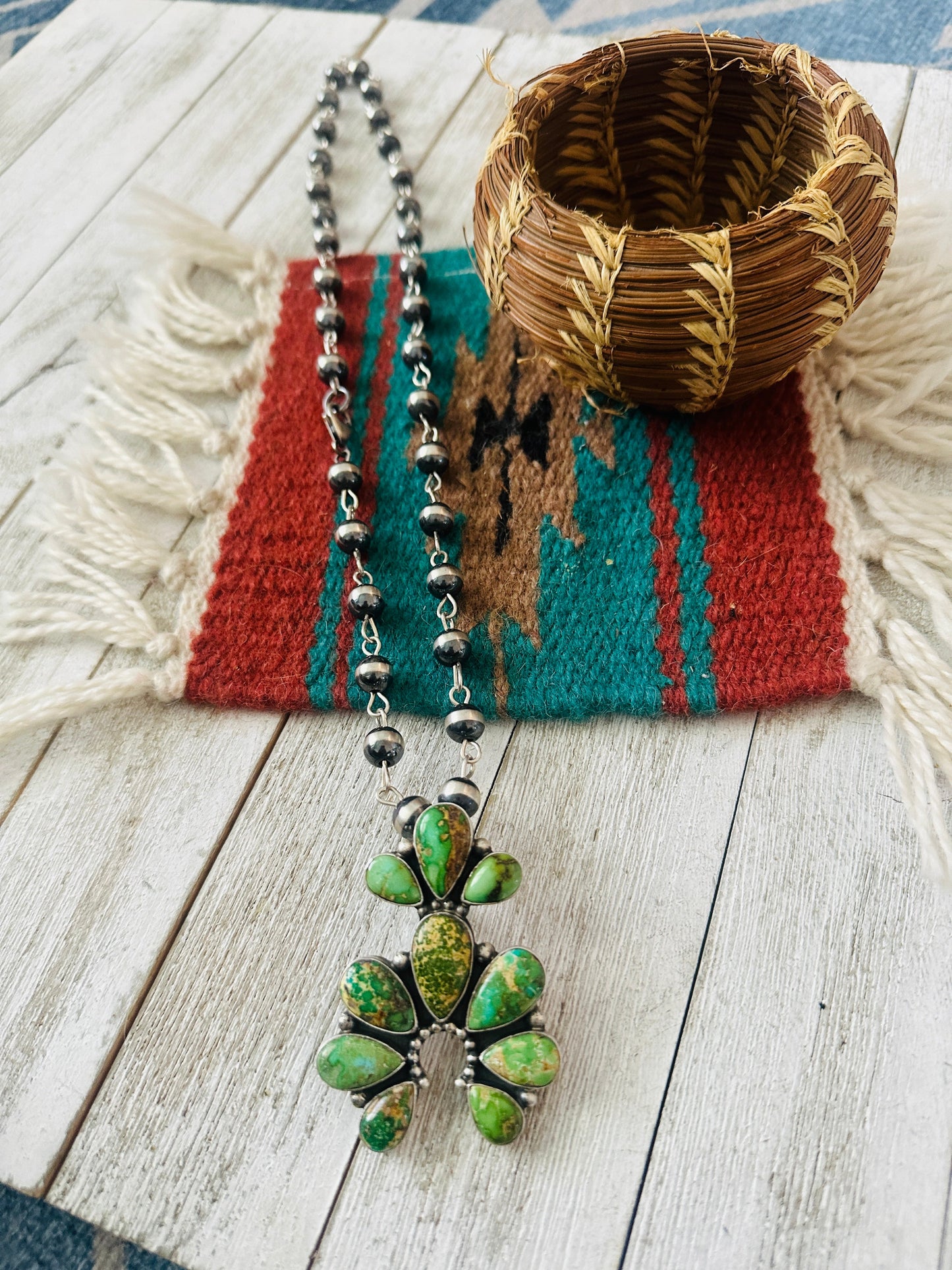 Navajo Sterling Silver & Sonoran Gold Turquoise Beaded Naja Necklace Signed