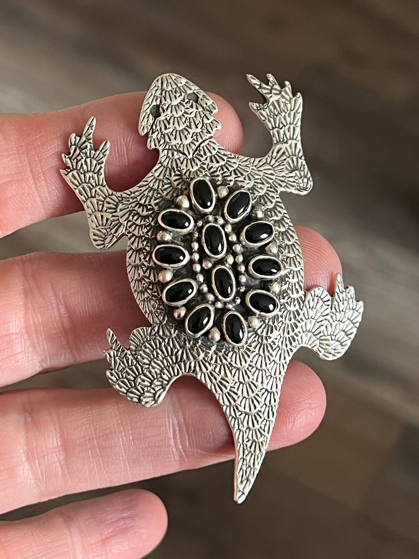 Navajo Sterling Silver and Stone Horned Toad Pin and Pendant by Lee Charley, Turquoise or Onyx