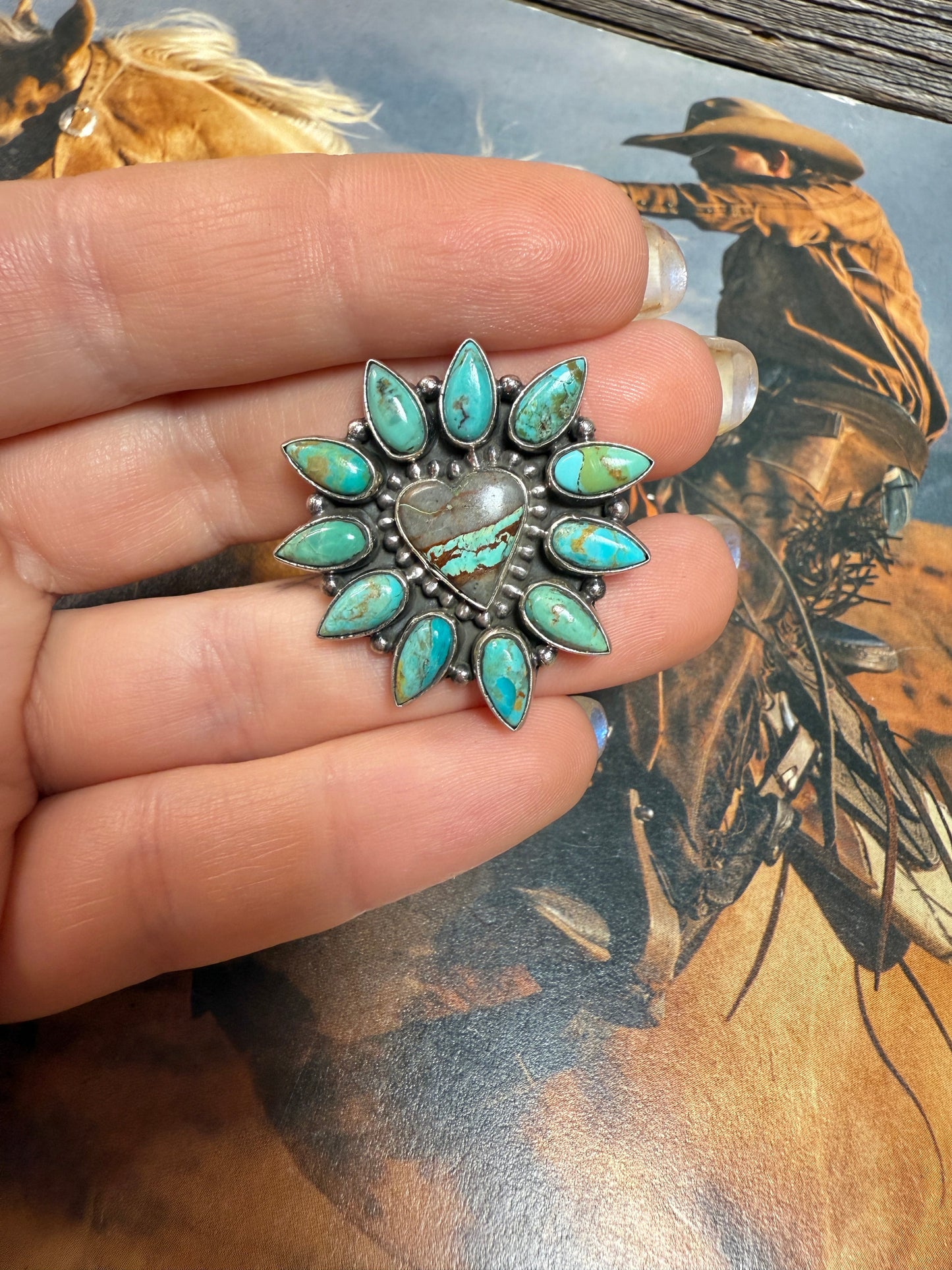 Handmade Sterling Silver, Kingman Turquoise, Ribbon Turquoise Adjustable Heart Ring