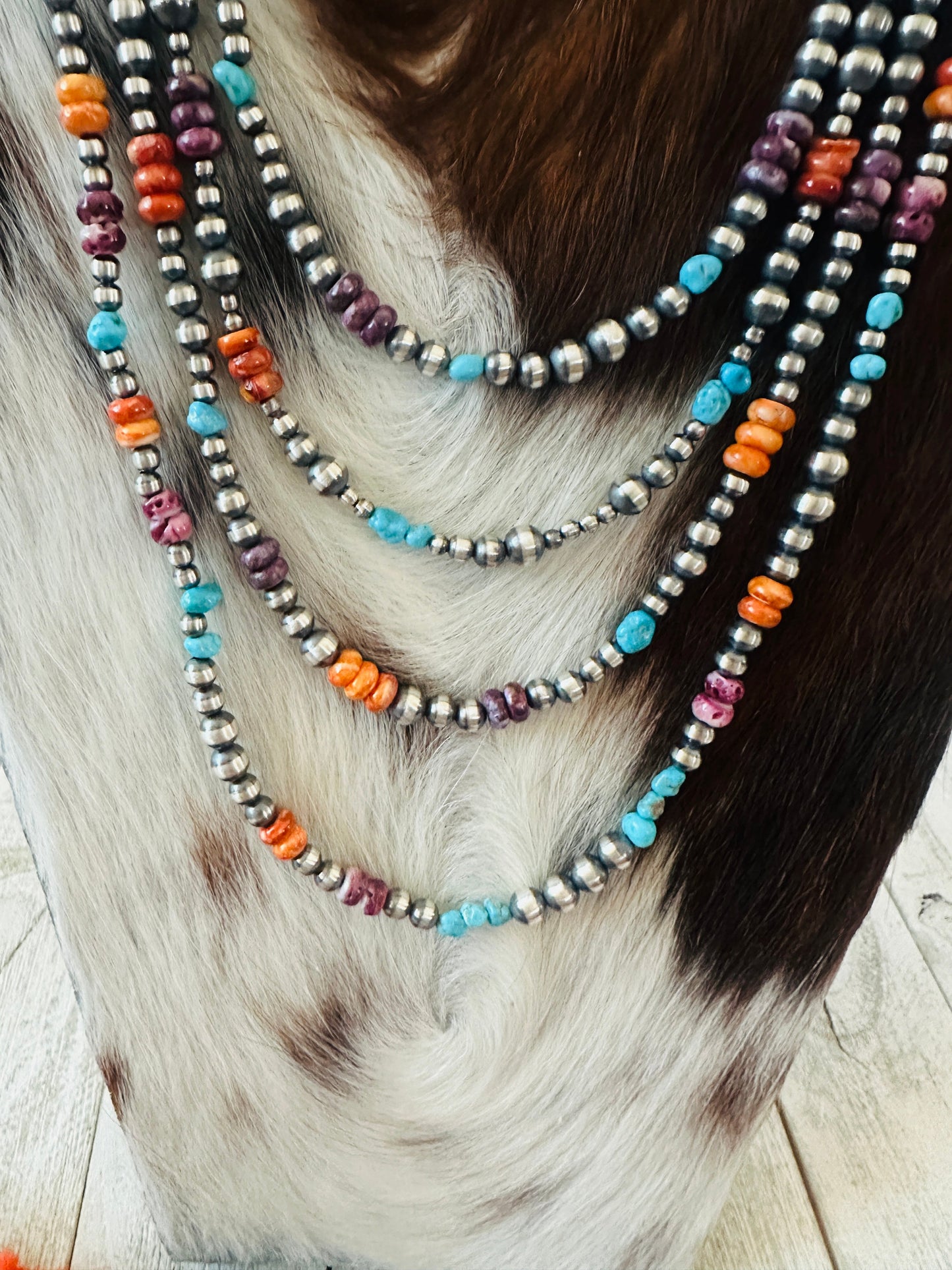 Navajo Sterling Silver, Spiny Oyster & Turquoise Beaded Necklace