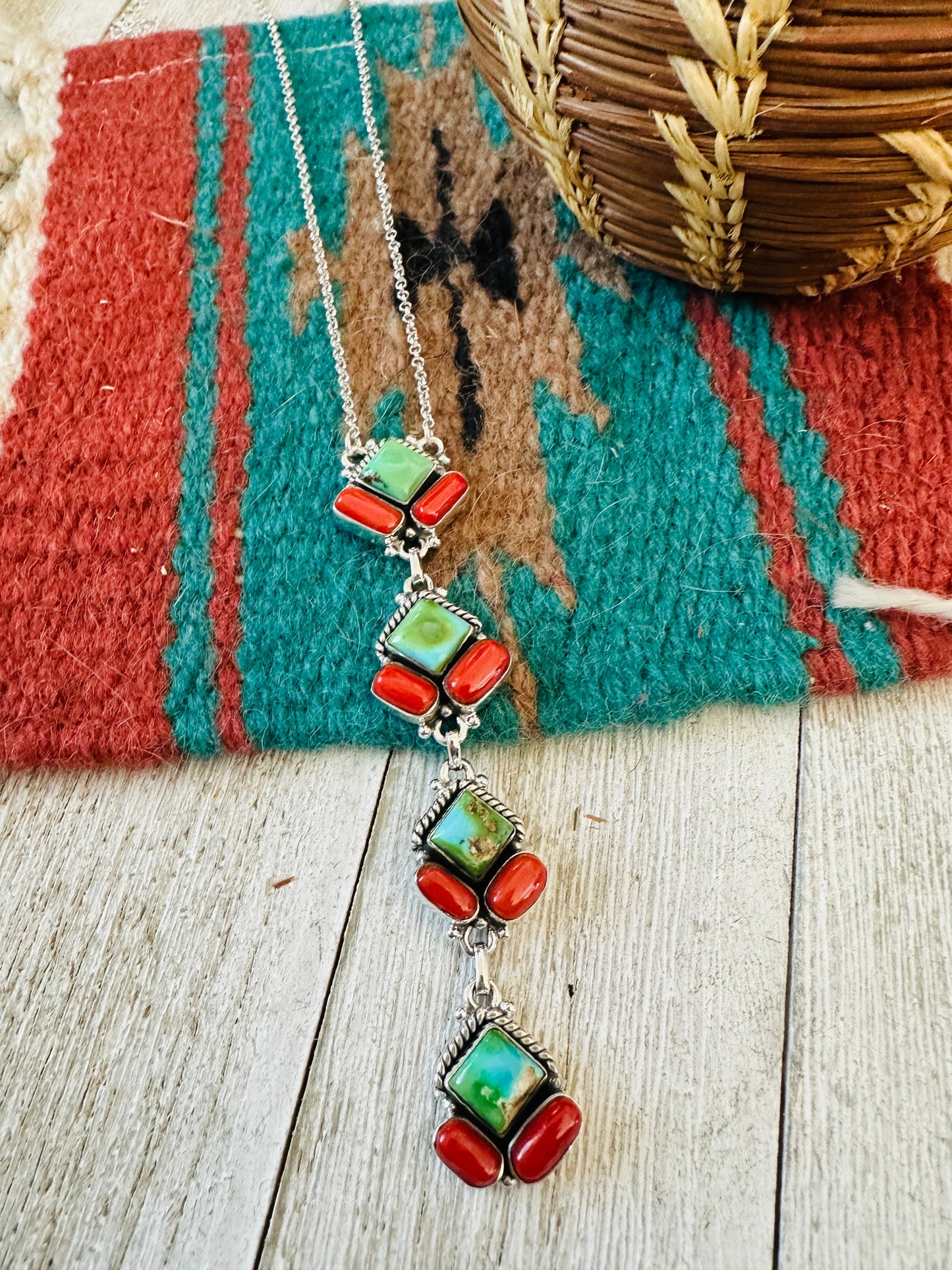 ** Christmas Collection ** Handmade Sterling Silver, Turquoise & Coral Necklace Signed Nizhoni