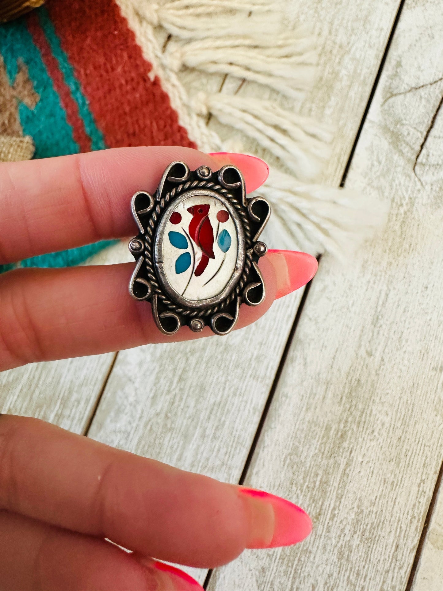 Old Pawn Vintage Zuni Sterling Silver & Multi Stone Inlay Bird Ring Size 5.5