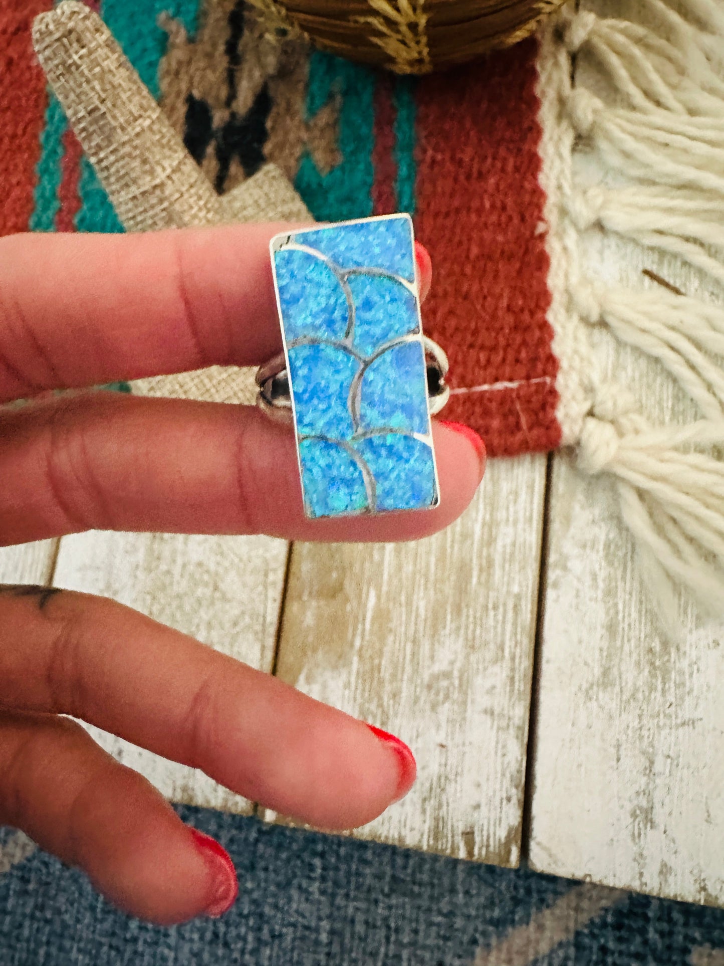 Zuni Sterling Silver & Blue Opal Inlay Ring Size 8