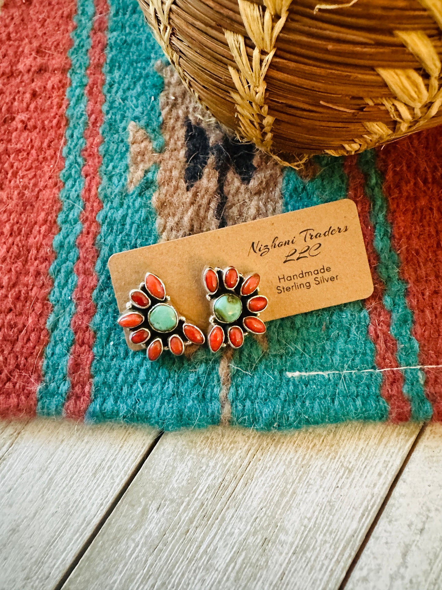 ** Christmas Collection ** Handmade Sterling Silver, Coral & Turquoise Cluster Earrings Signed Nizhoni