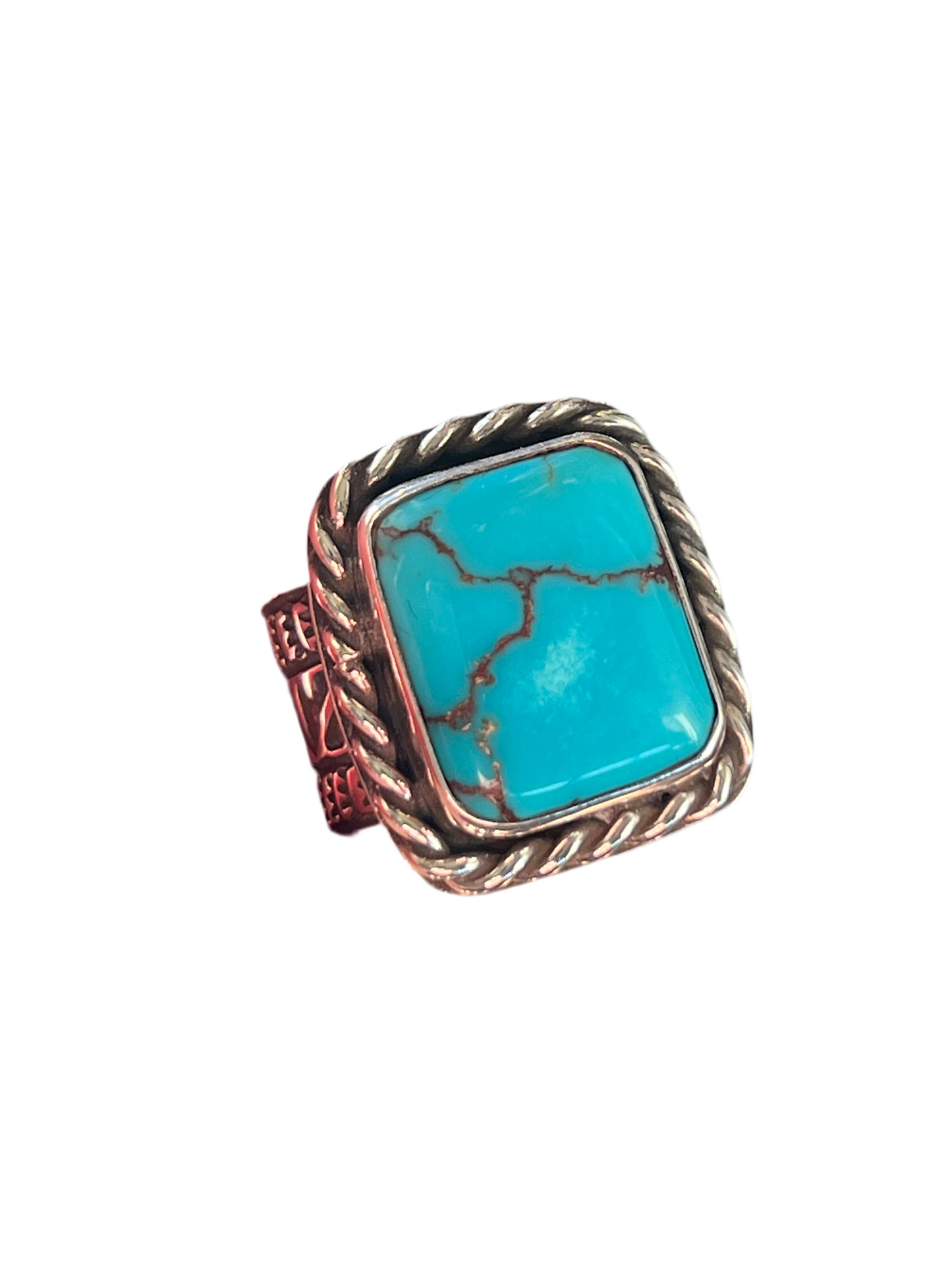 Native Made Hand Stamped Sterling Silver Wide Shank Ring with Egyptian Turquoise by Shaun Rogers, Size 9