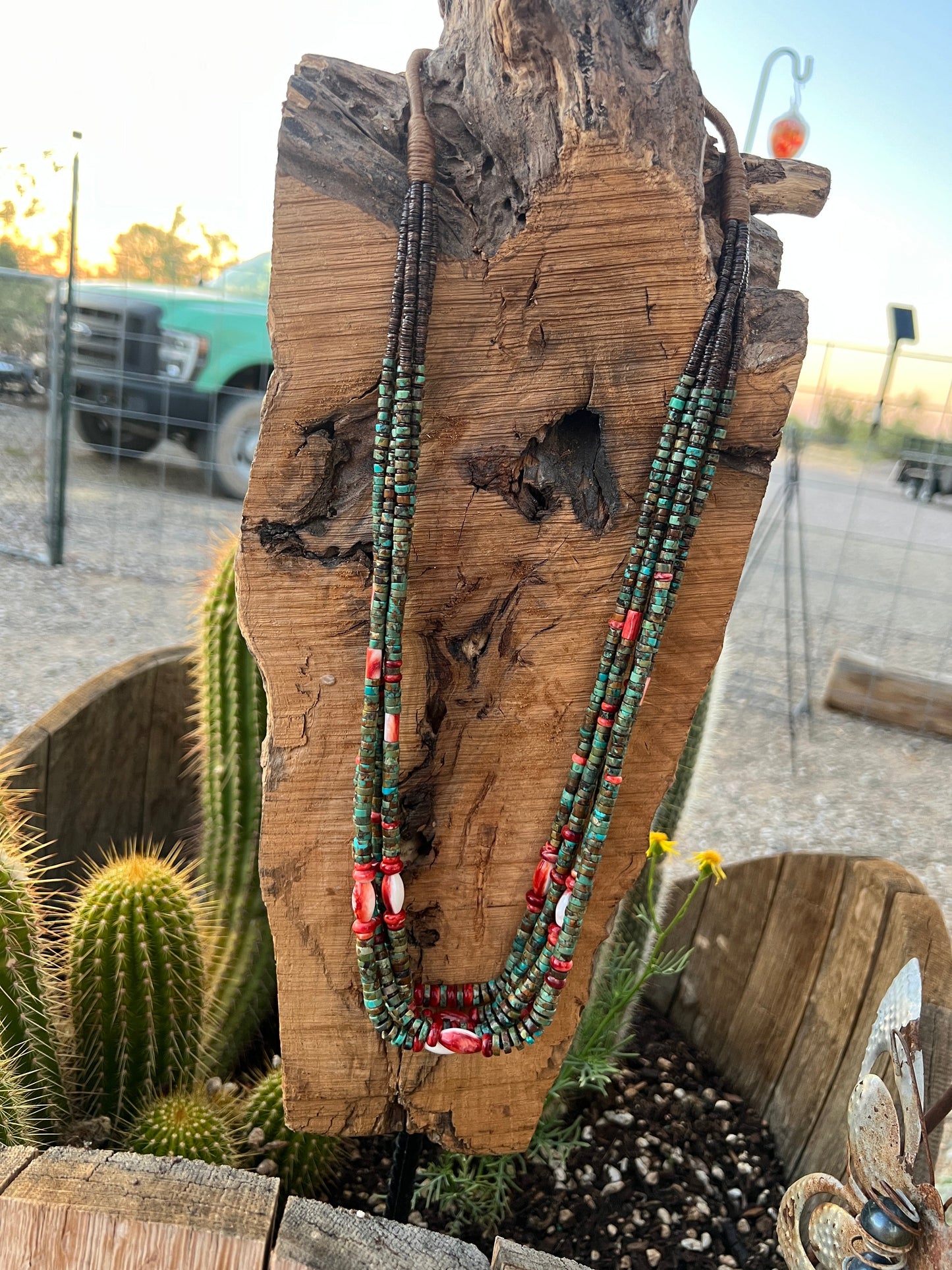 Stunning Navajo Made Five Strand Hubei Turquoise and Spiny Oyster Shell Beaded Necklace with Squaw Wrap