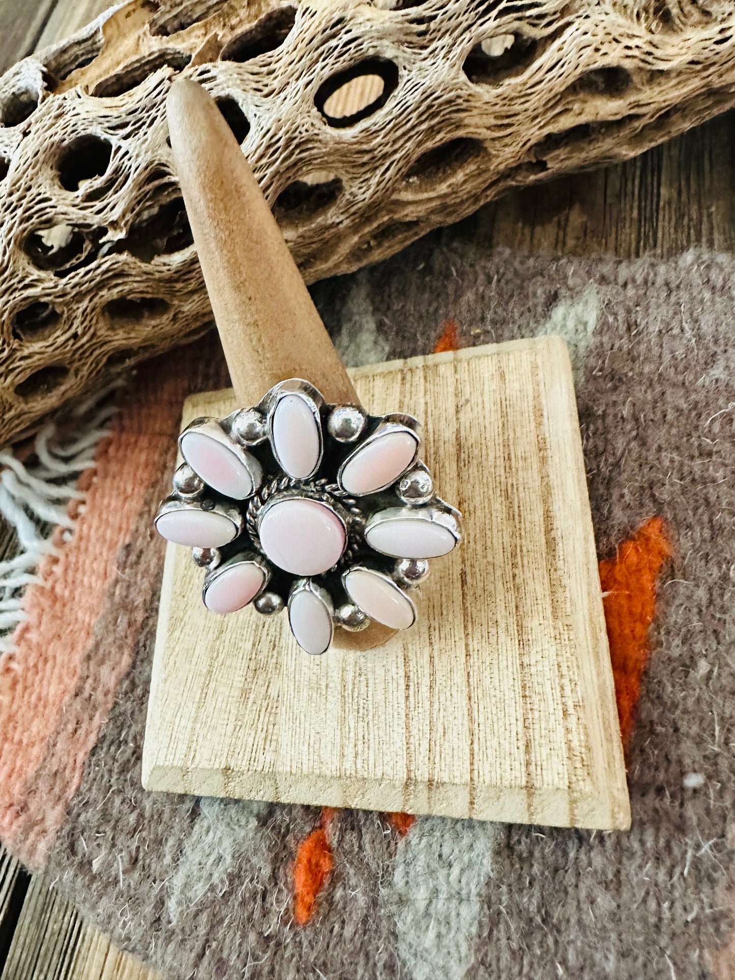 Navajo Sterling Silver and Queen Pink Conch Shell Adjustable Flower Ring