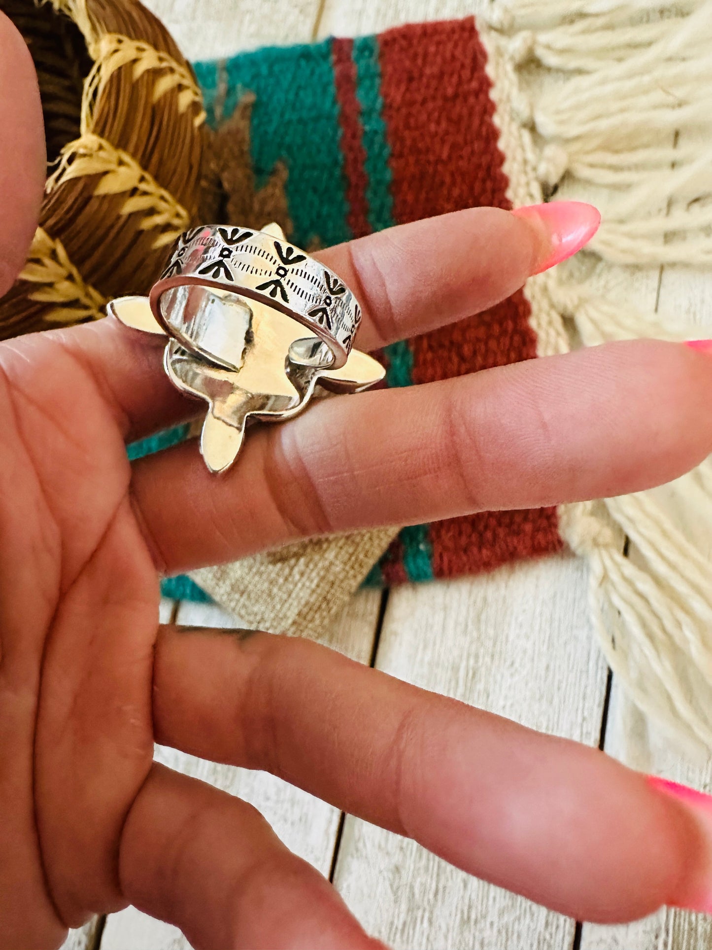 ** Christmas Collection ** Handmade Sterling Silver, Turquoise & Coral Adjustable Ring Signed Nizhoni