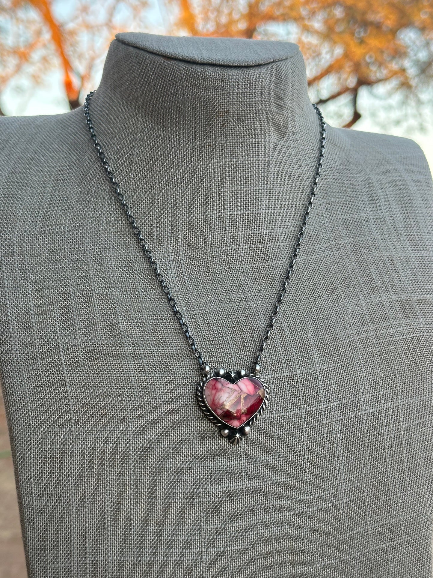 Navajo Rose Dahlia & Sterling Silver Heart Necklace