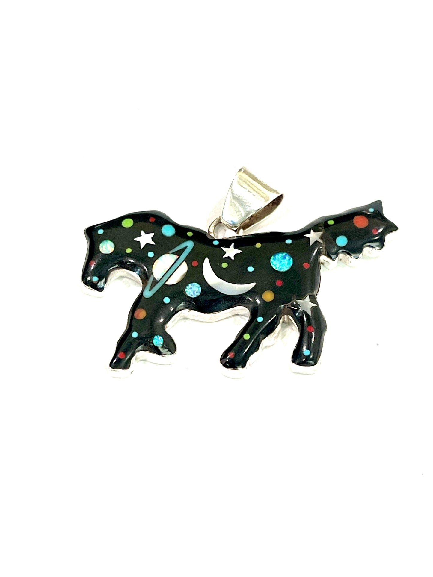 Handmade Sterling Silver Multi Stone Space Horse Pendant