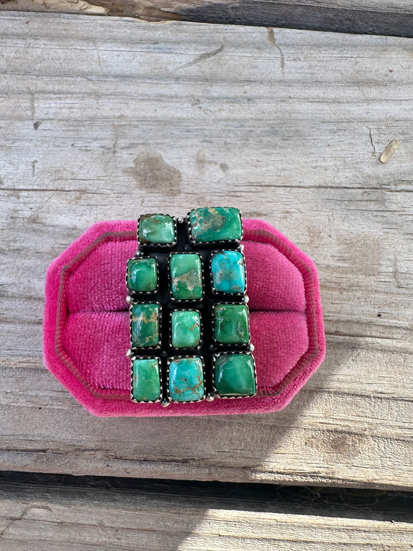 Handmade Emerald Valley Turquoise & Sterling Silver Adjustable Rectangle Cluster Ring