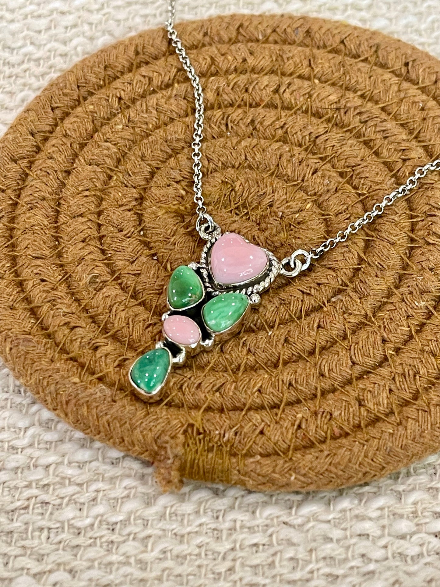 Handmade Pink Opal, Palomino Turquoise& Sterling Silver Necklace