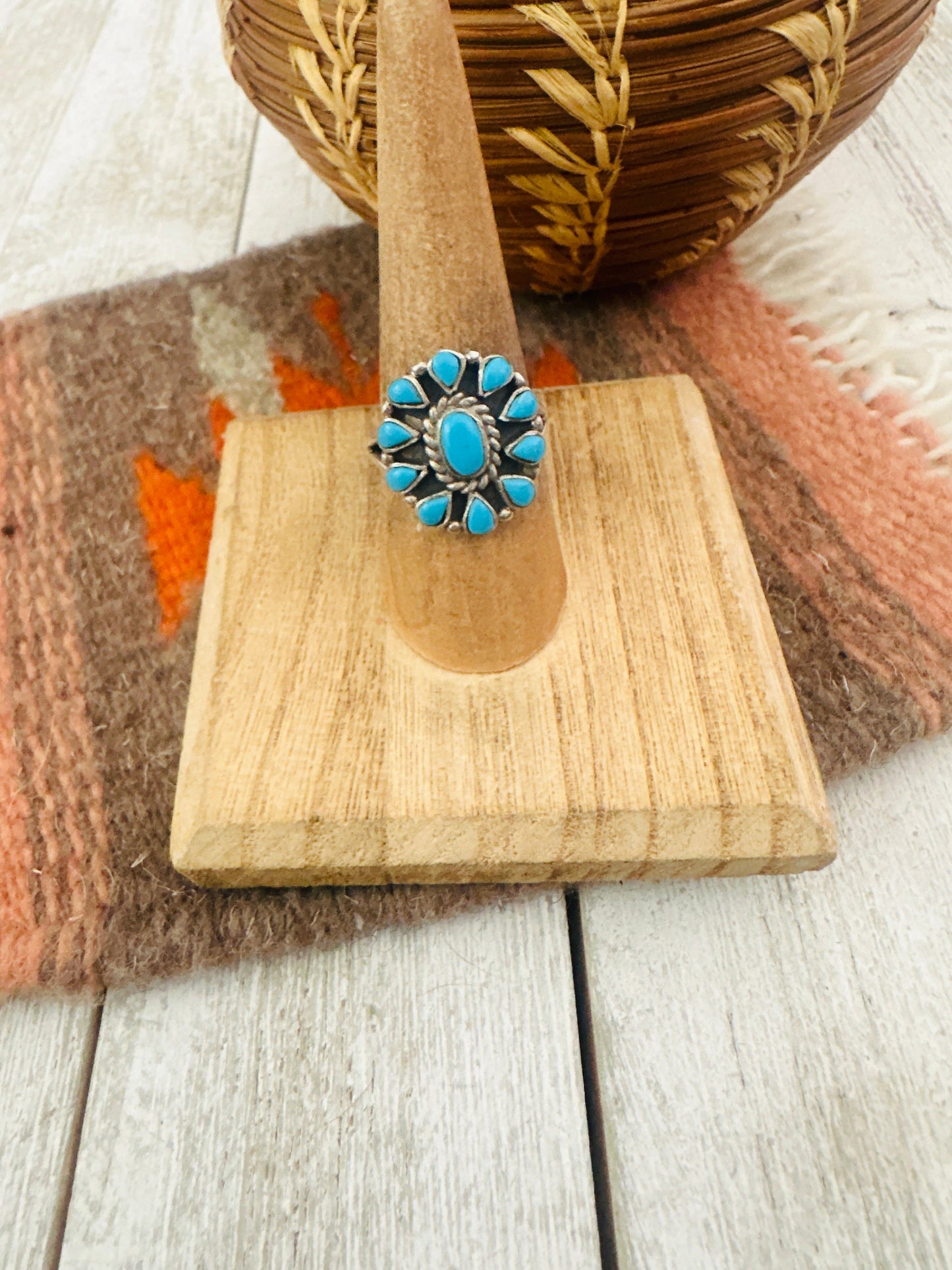 Navajo Turquoise & Sterling Silver Cluster Ring Size 7.25