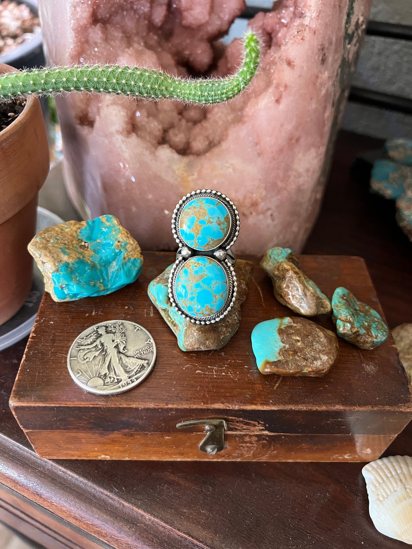 Navajo Sterling Silver and Number 8 Turquoise Ring by Darrin Livingston, Size 9