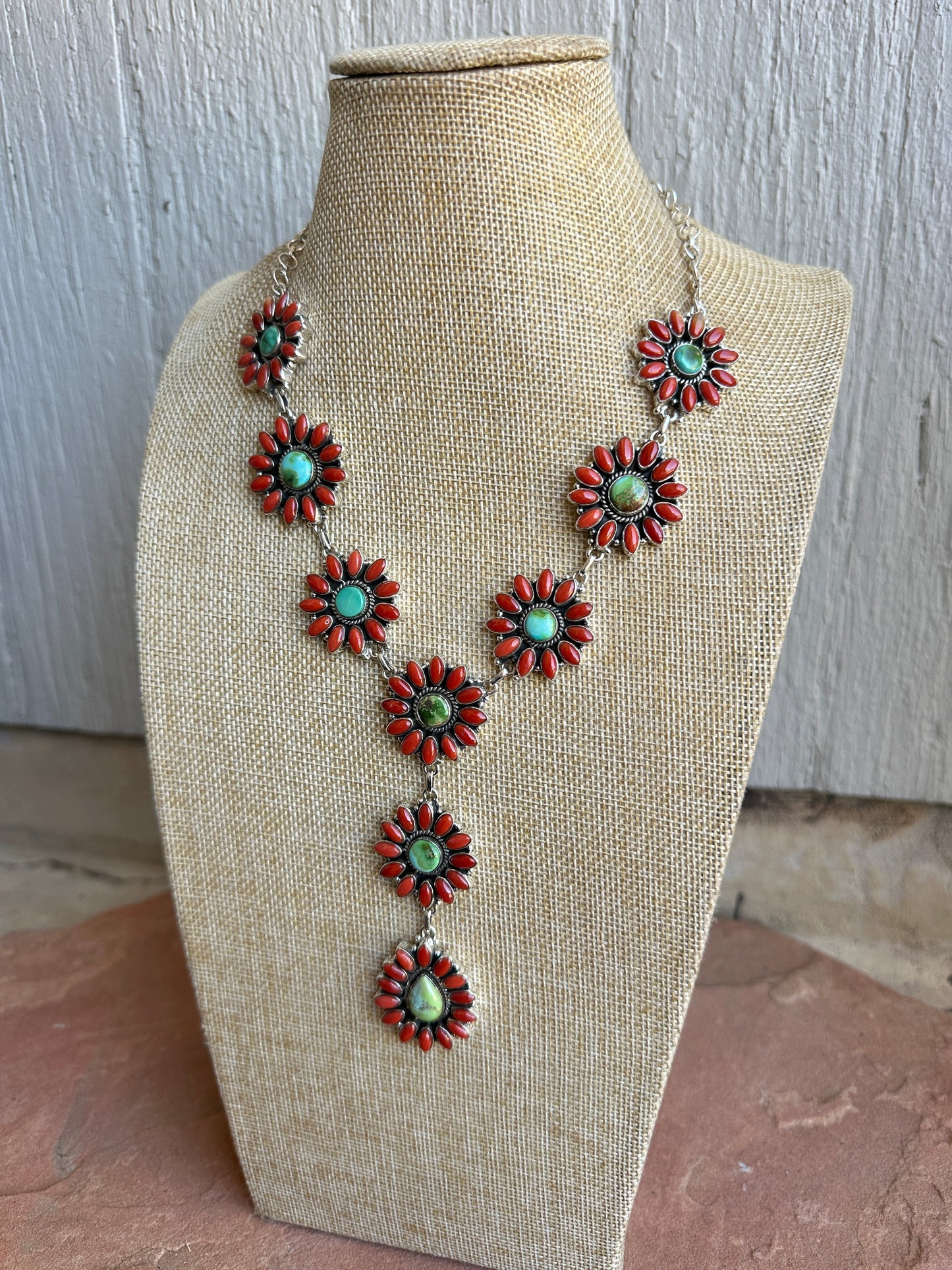 Beautiful Handmade Sterling Silver, Coral & Sonoran Turquoise Lariat Necklace