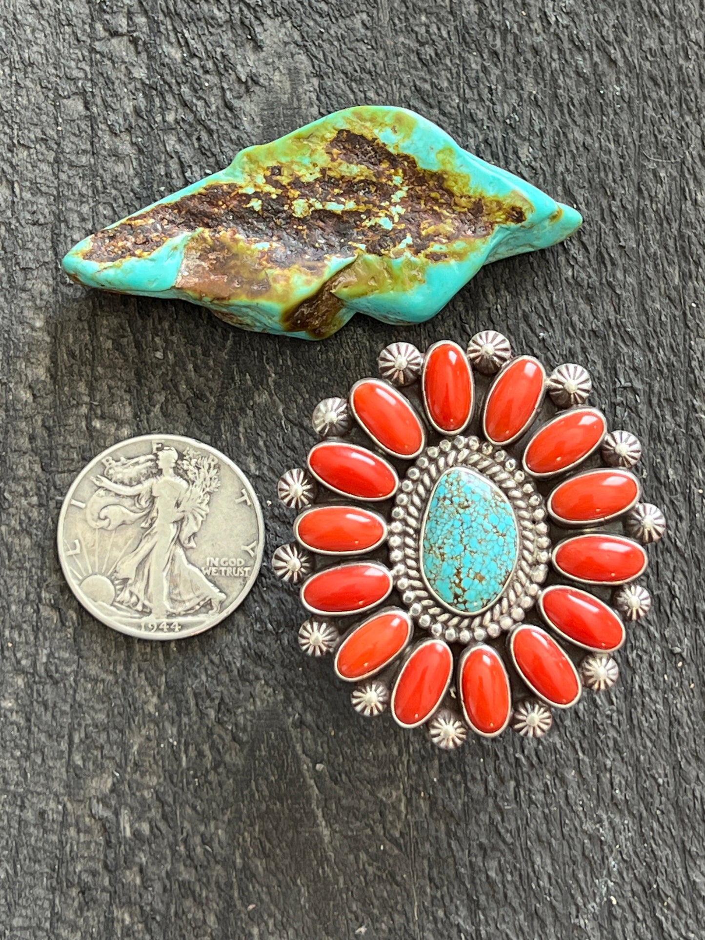 Navajo Sterling Silver, Mediterranean Coral and Spiderweb Kingman Cluster Ring, Adjustable