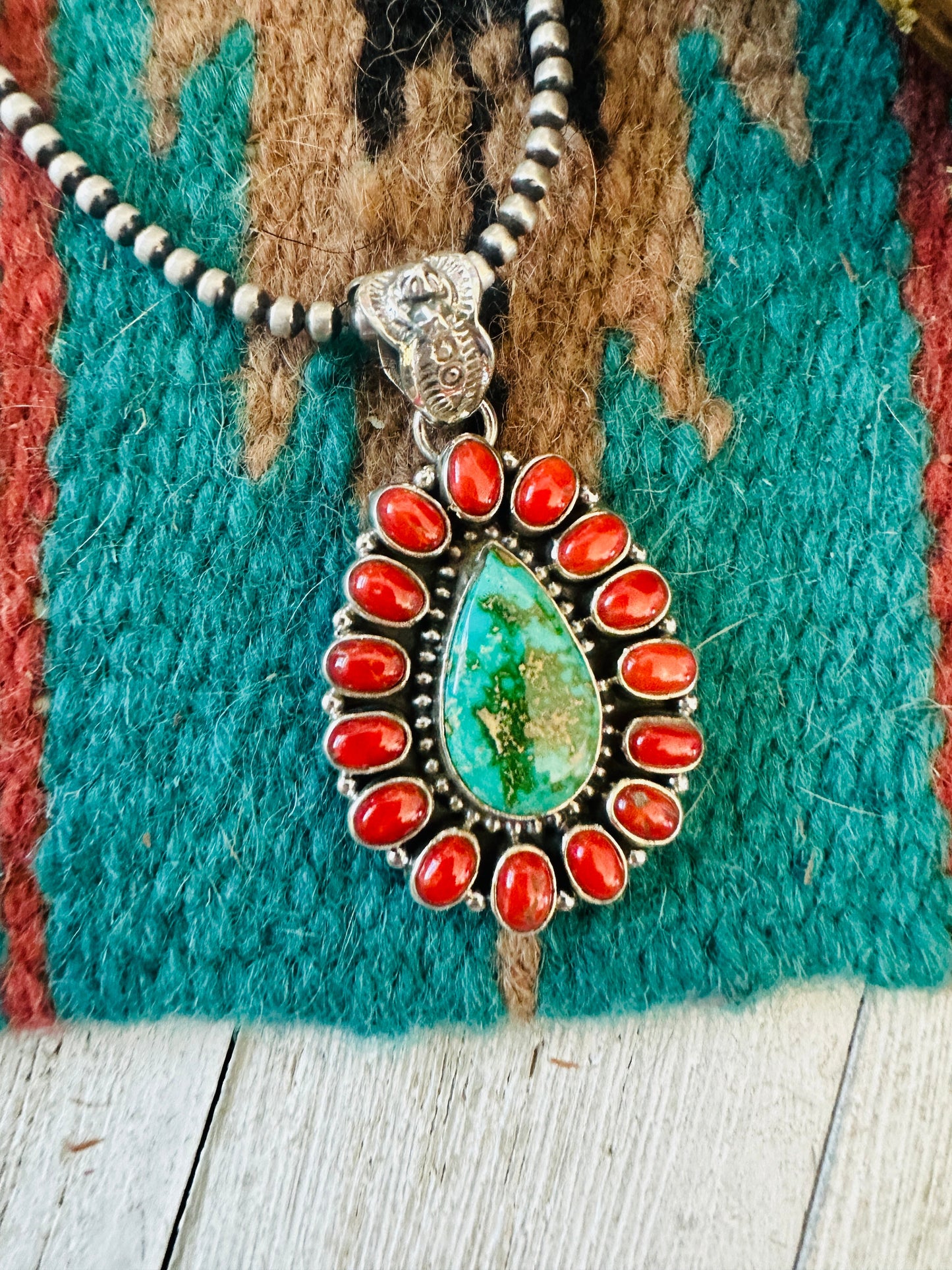 ** Christmas Collection ** Handmade Sterling Silver, Coral & Turquoise Cluster Pendant Signed Nizhoni