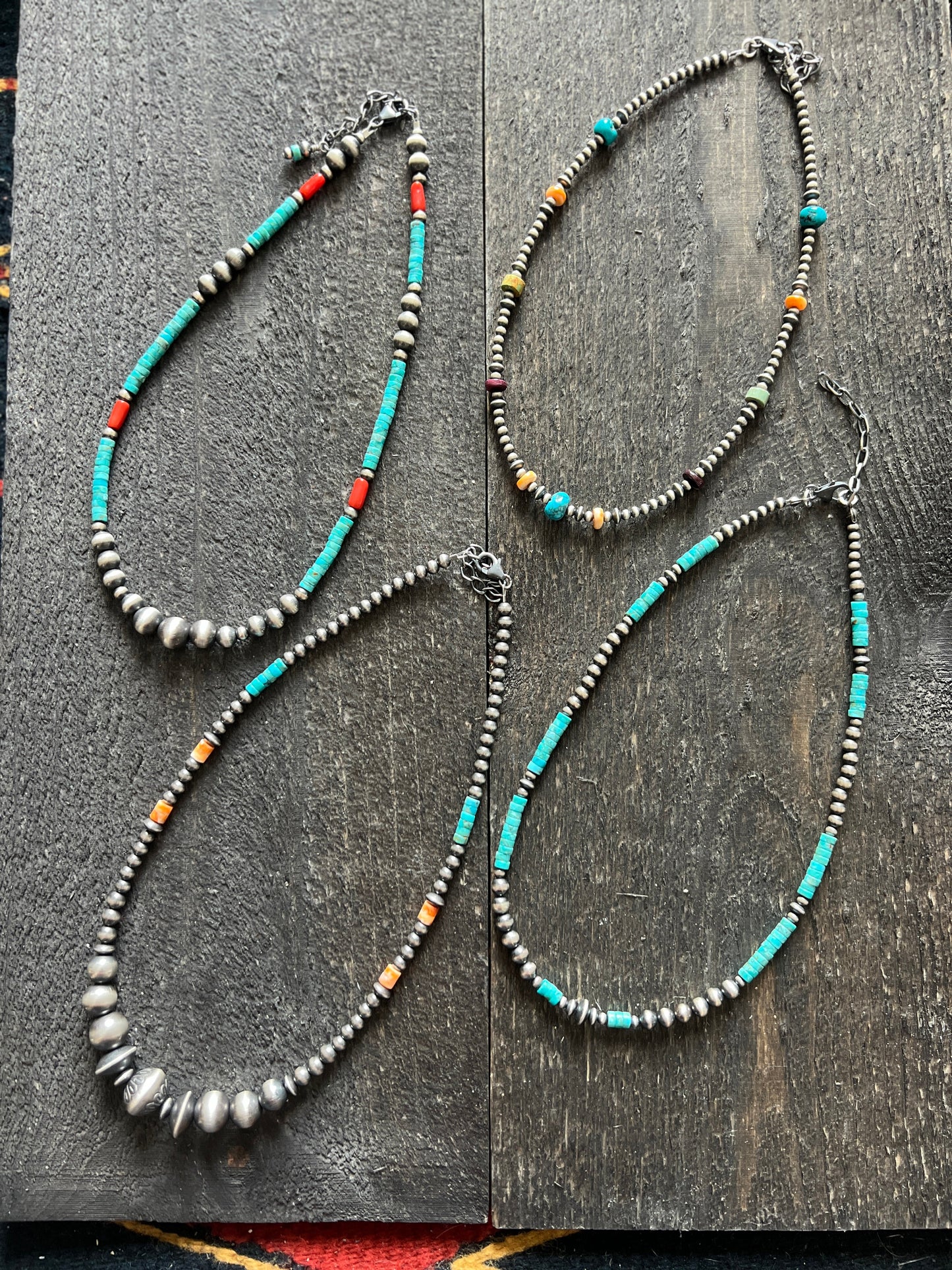 Summer Lovin’ Navajo Beaded Layering Necklace with Sterling Silver, Spiny Oyster Shell and Turquoise, 16” + 2”, The Flower Child