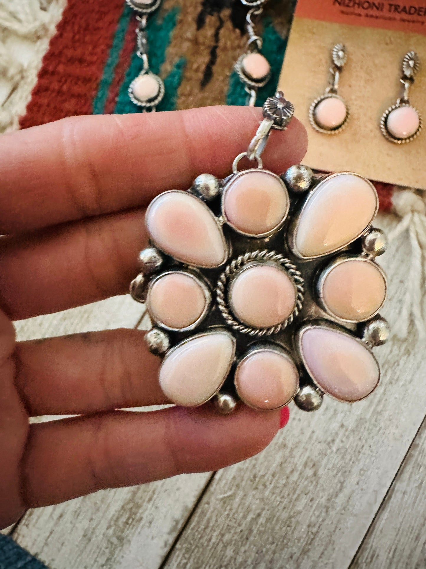 Navajo Queen Pink Conch & Sterling Silver Cluster Necklace Set