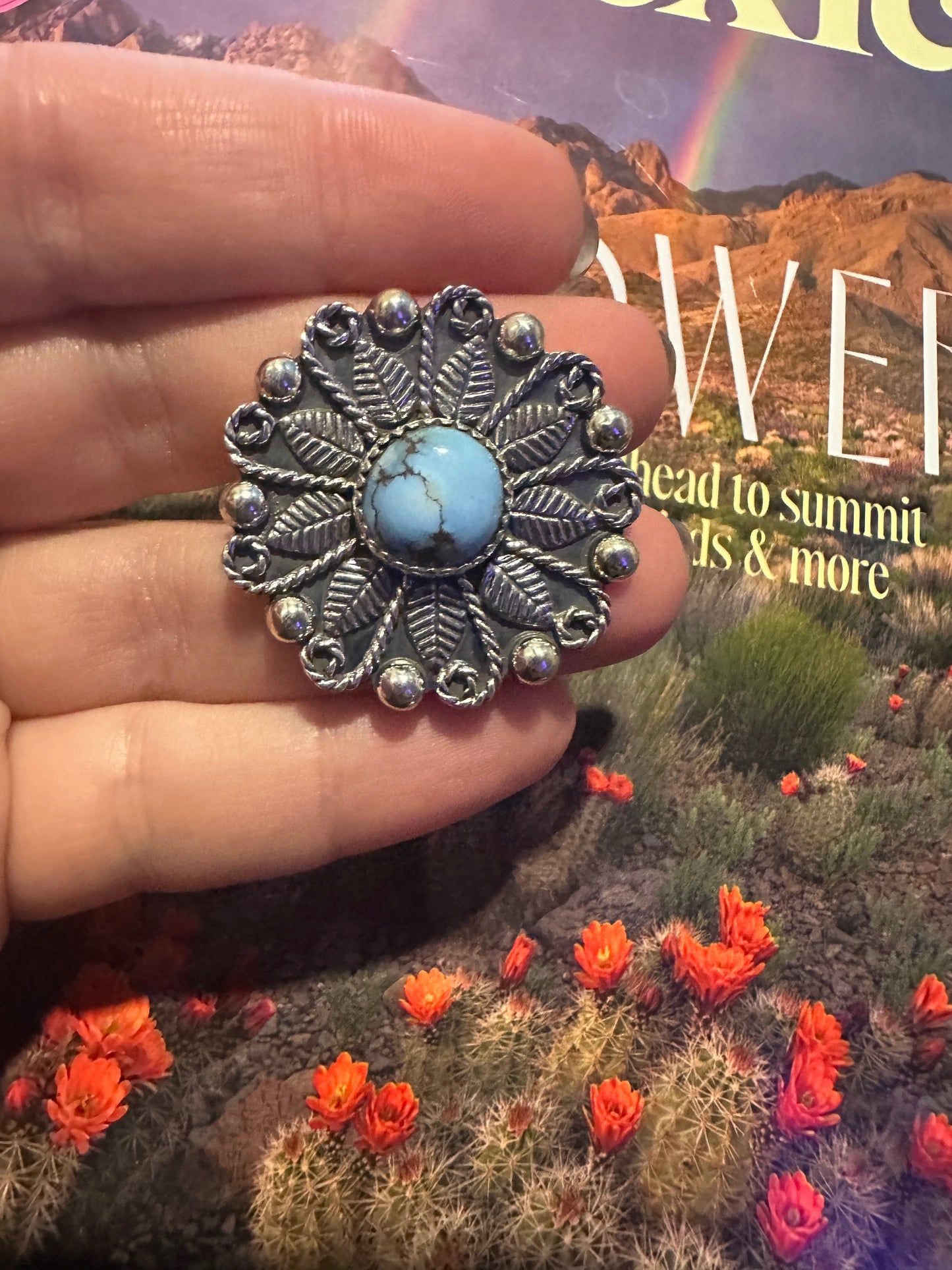 Handmade Sterling Silver Golden Hills Turquoise Adjustable FLOWER Ring Signed Nizhoni ROUND