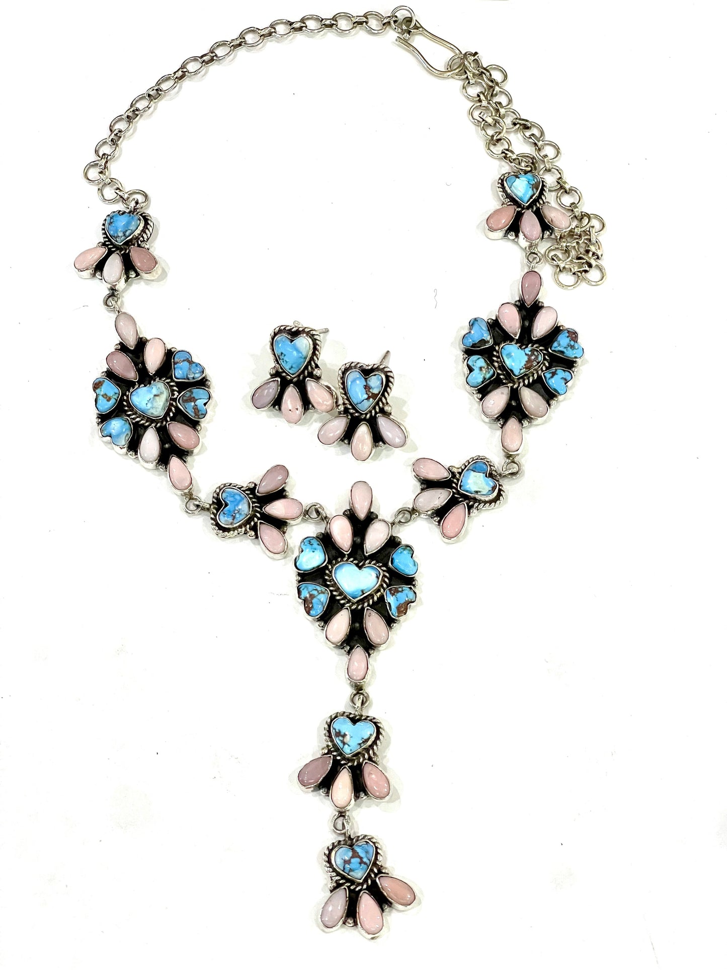 Beautiful Handmade Sterling Silver Golden Hills Turquoise Pink Opal Necklace Set