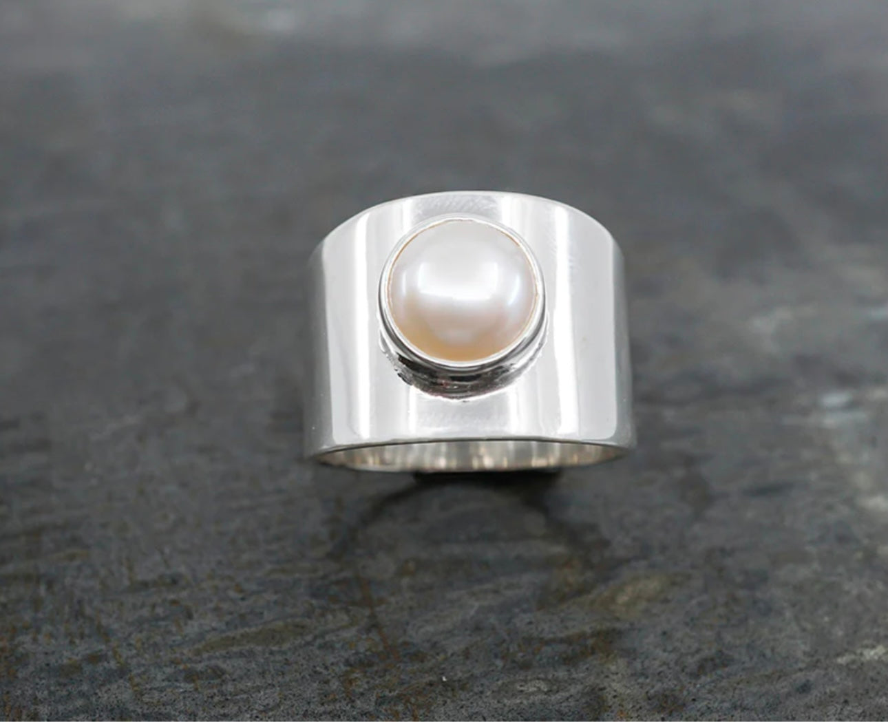 Modern Wide Band Pearl Ring Size 10