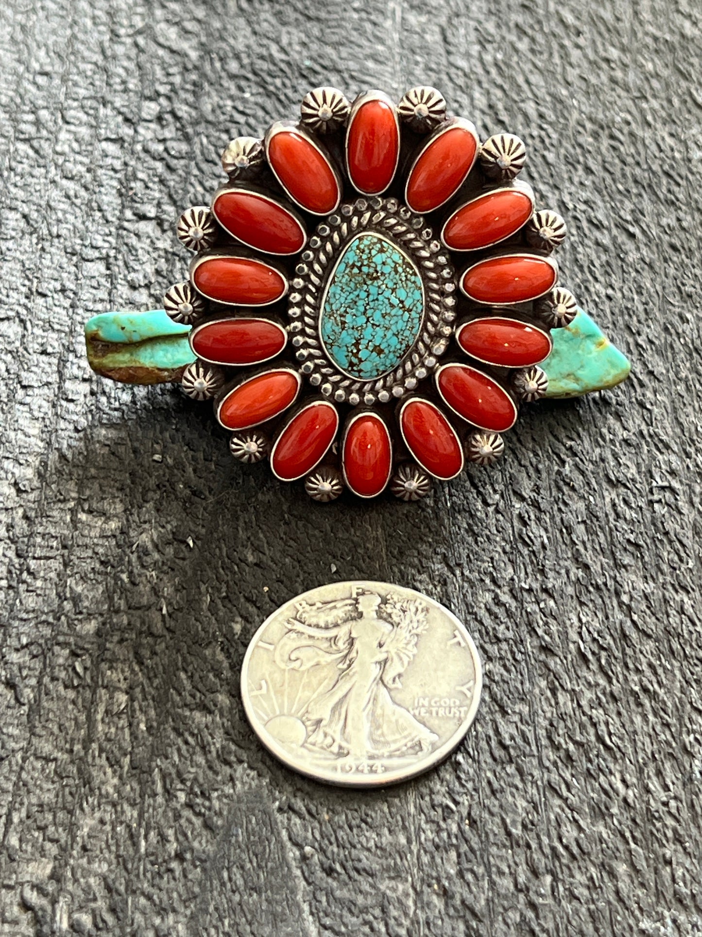 Navajo Sterling Silver, Mediterranean Coral and Spiderweb Kingman Cluster Ring, Adjustable
