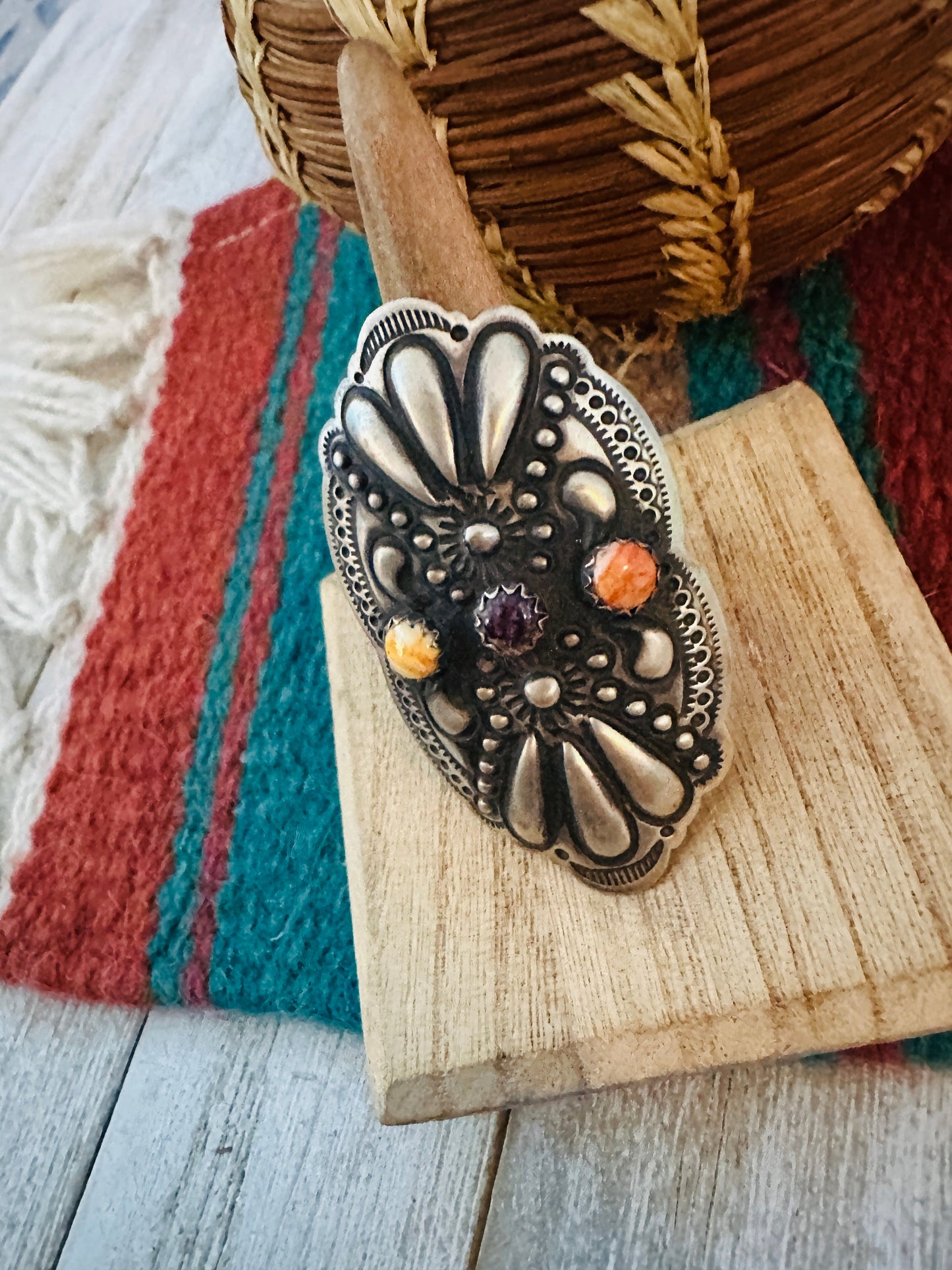 Navajo Spiny Oyster & Sterling Silver Adjustable Ring by Leander Tahe