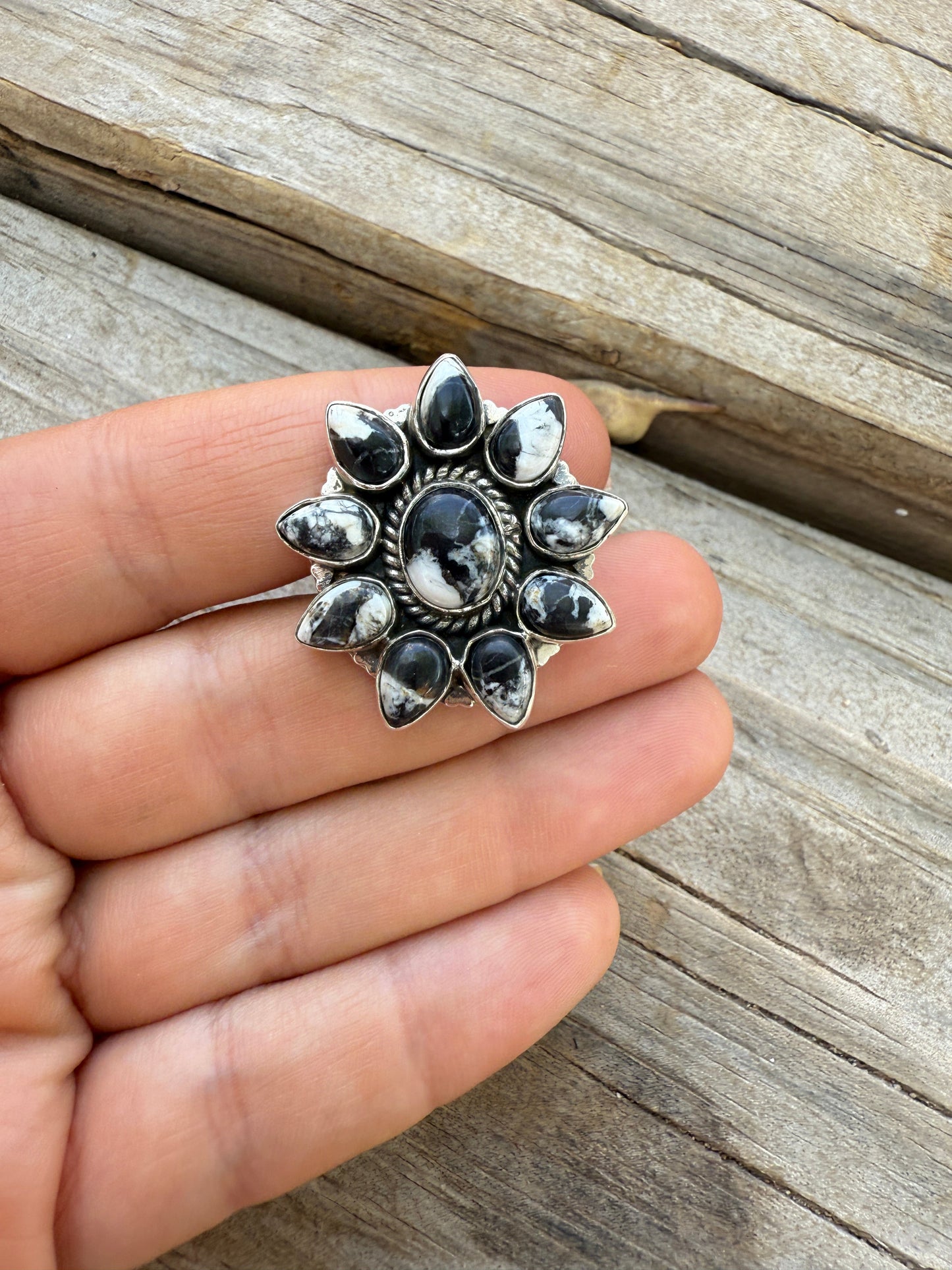 Handmade White Buffalo & Sterling Adjustable Cluster Ring
