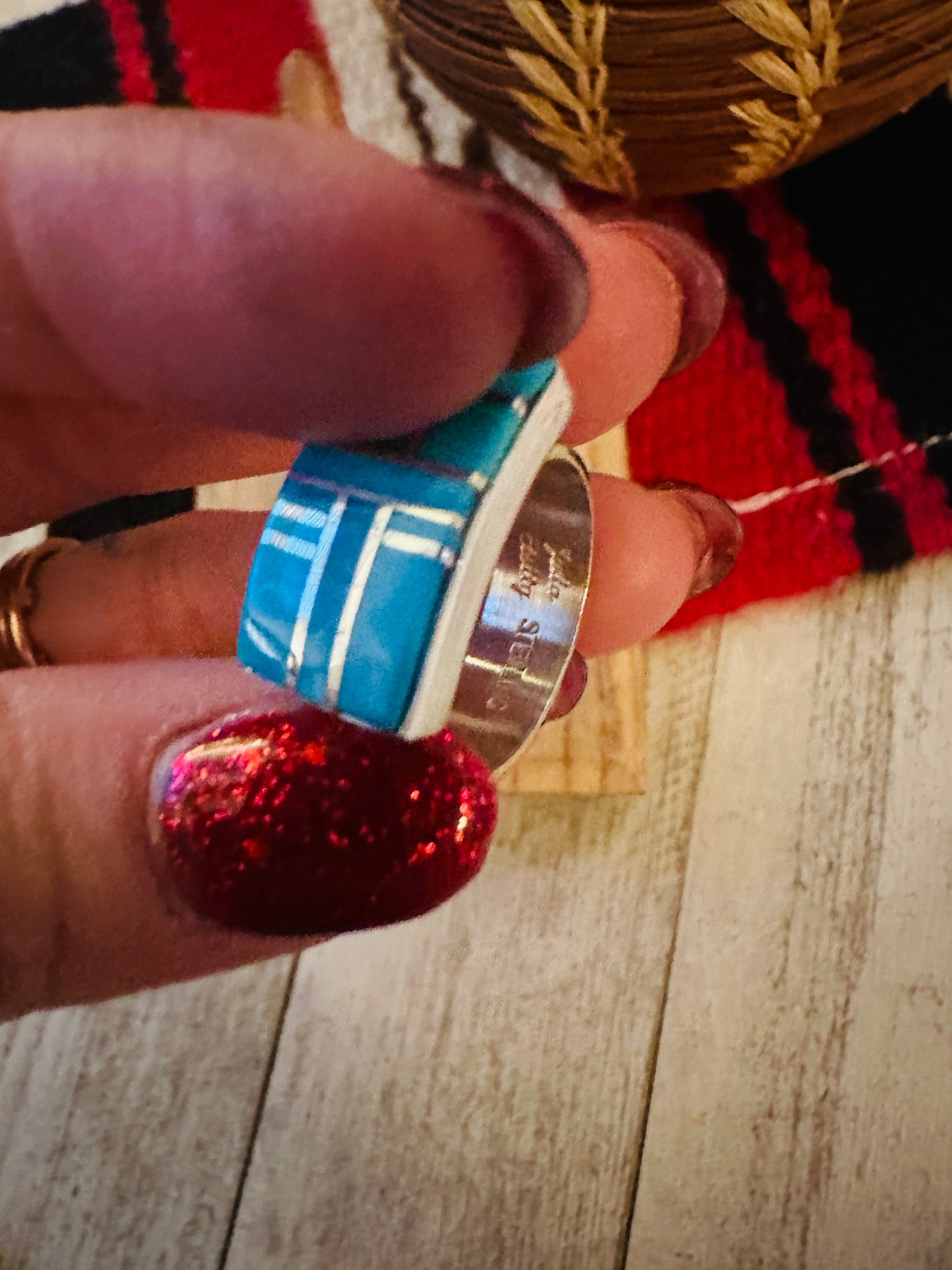 Navajo Turquoise & Sterling Silver Inlay Ring Size 6.75 by Julia Etsitty