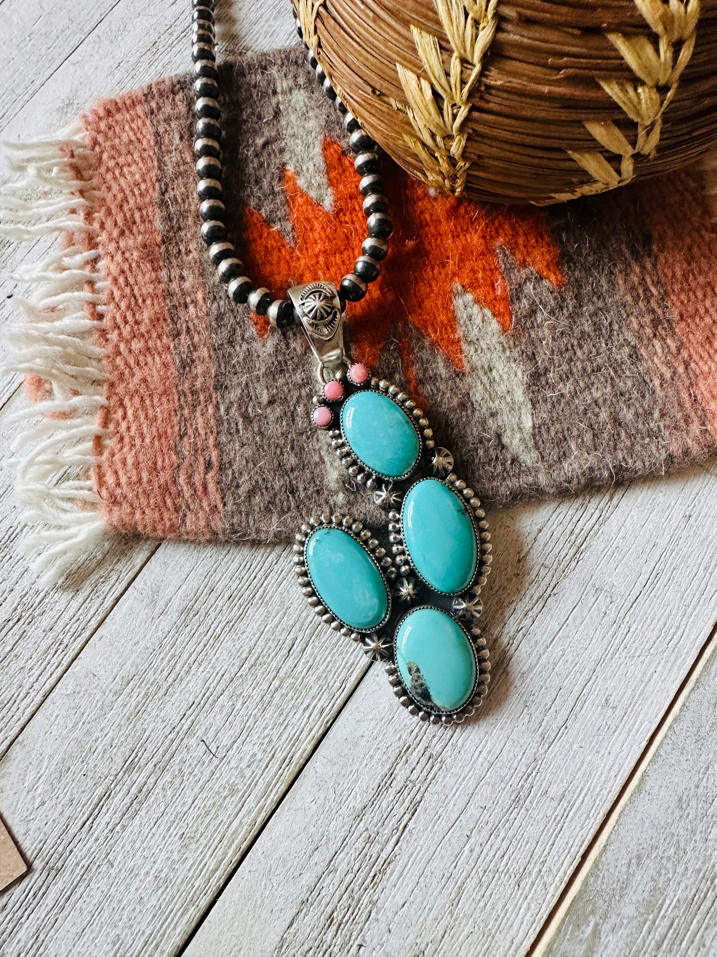Navajo Turquoise, Queen Pink Conch and Sterling Silver Cactus Pendant