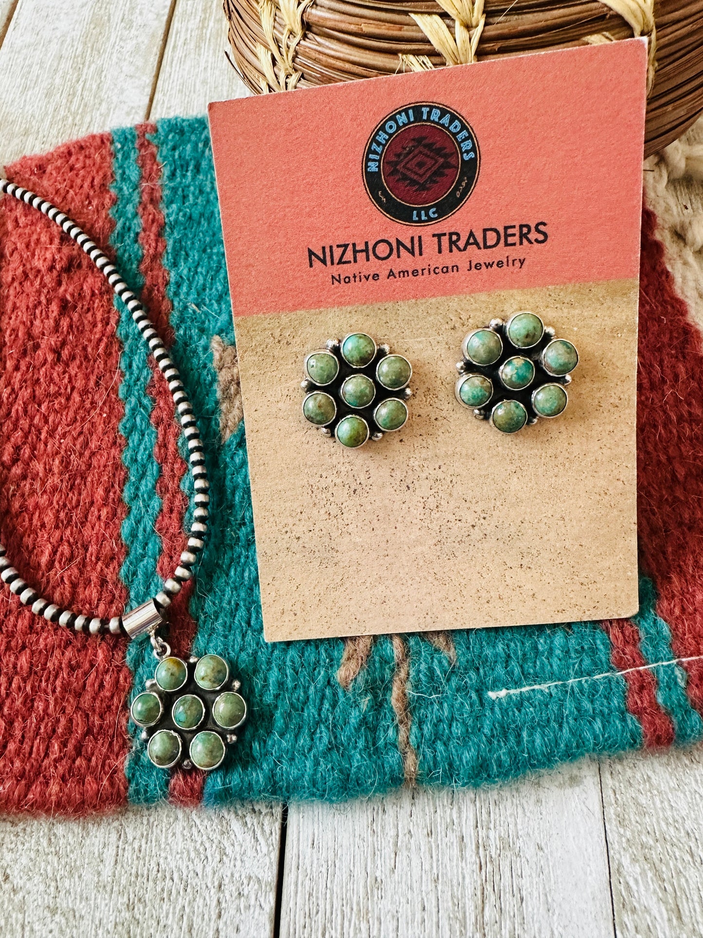 Navajo Sterling Silver & Turquoise Cluster Pendant and Earring Set