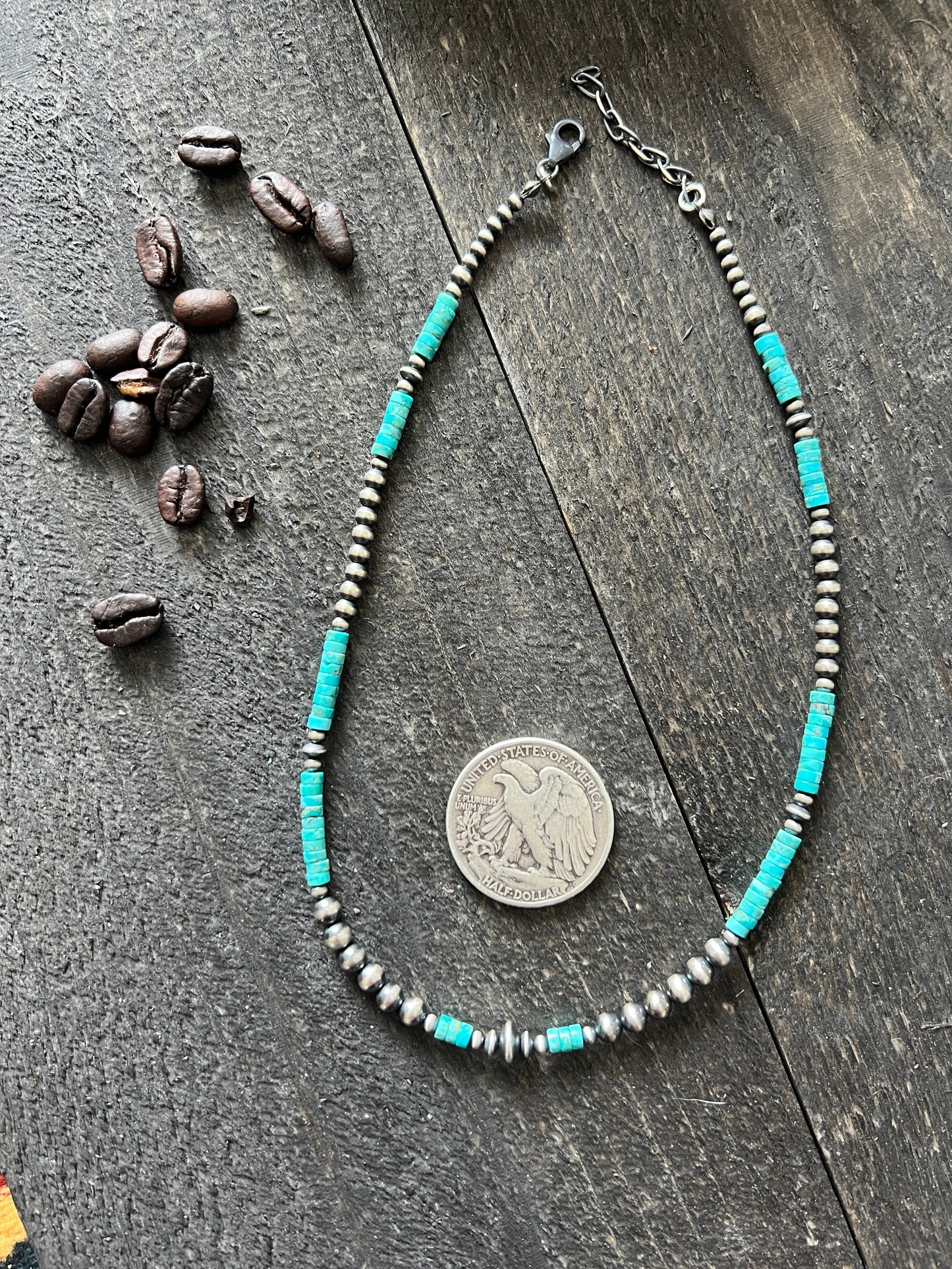 Summer Lovin’ Navajo Beaded Layering Necklace with Sterling Silver and Turquoise, 15” + 2”, The Wave Runner