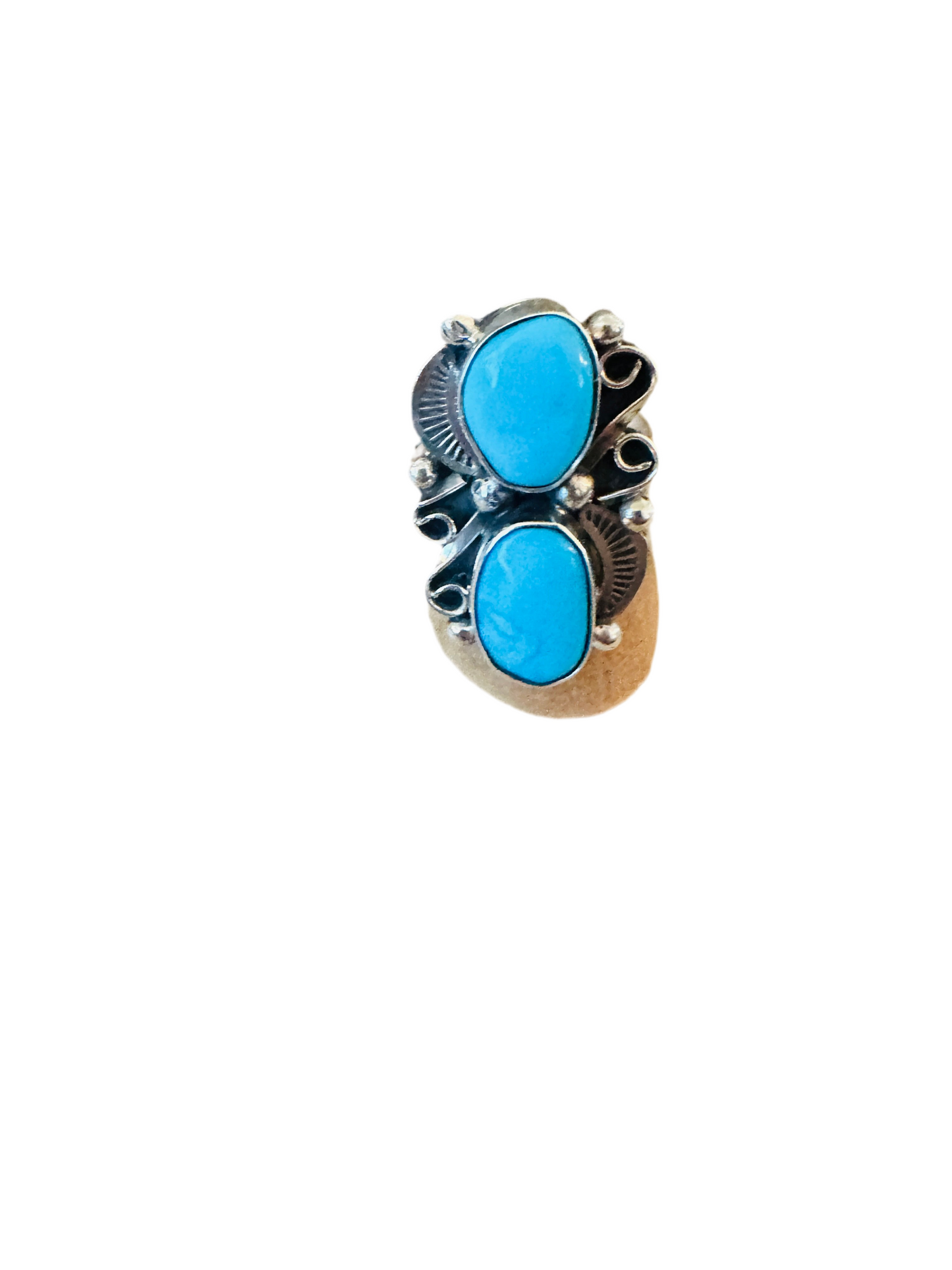 Navajo Turquoise & Sterling Silver Two Stone Ring Size 8.5