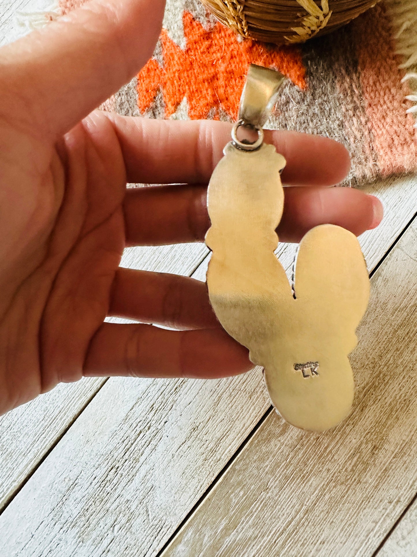 Navajo Turquoise, Queen Pink Conch and Sterling Silver Cactus Pendant