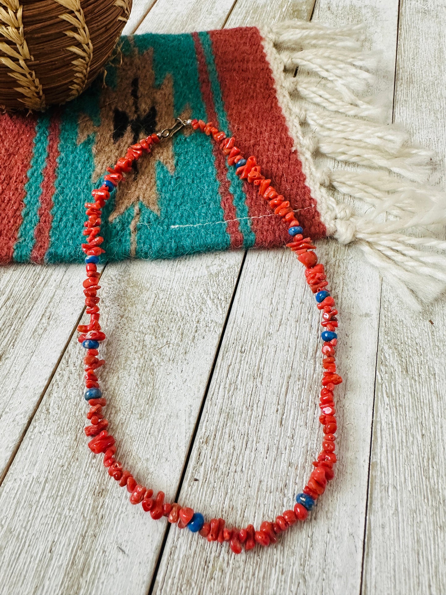 Navajo Apple Coral, Lapis & Sterling Beaded Necklace