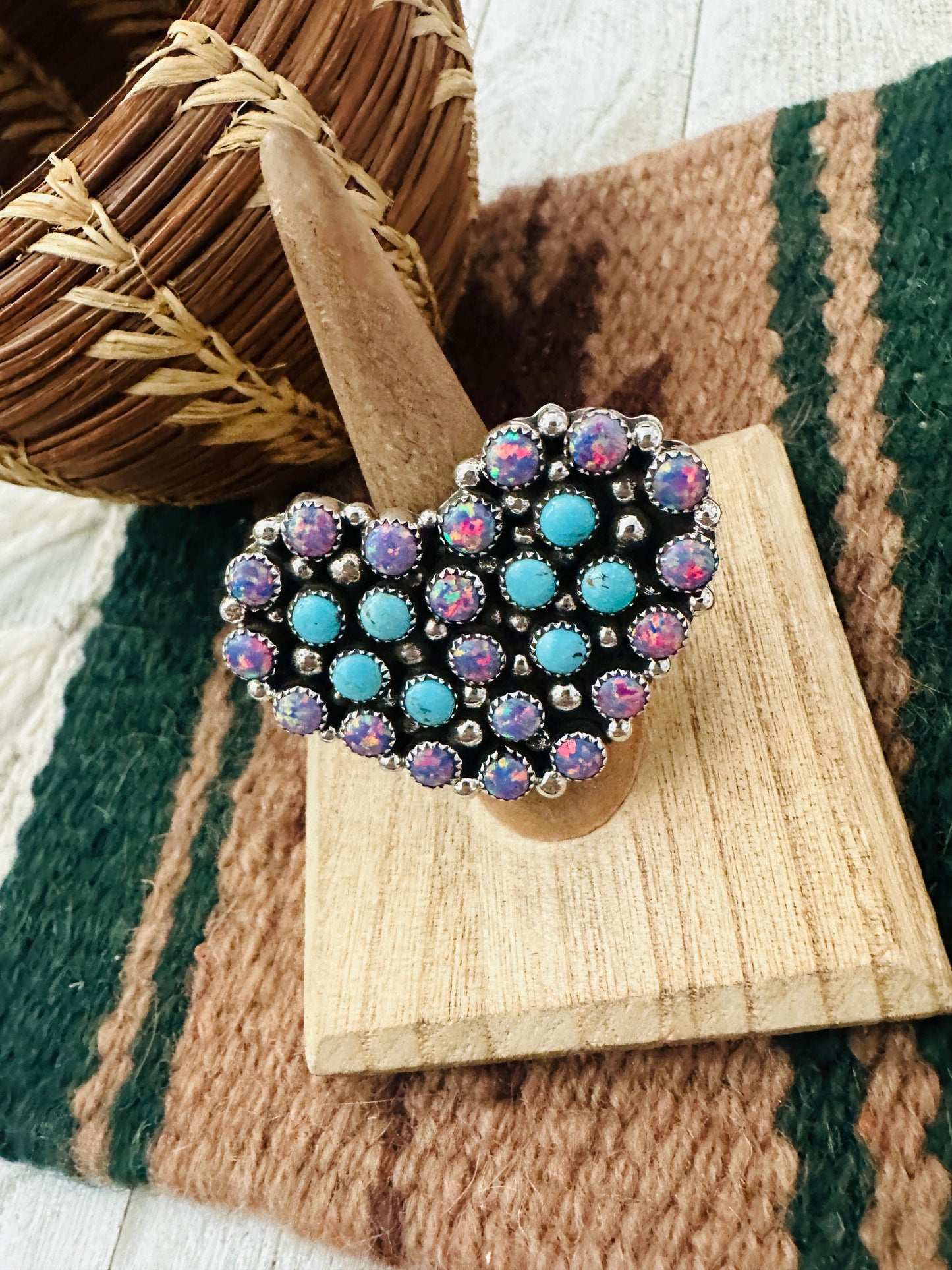Navajo Sterling Silver, Opal & Turquoise Cluster Adjustable Heart Ring