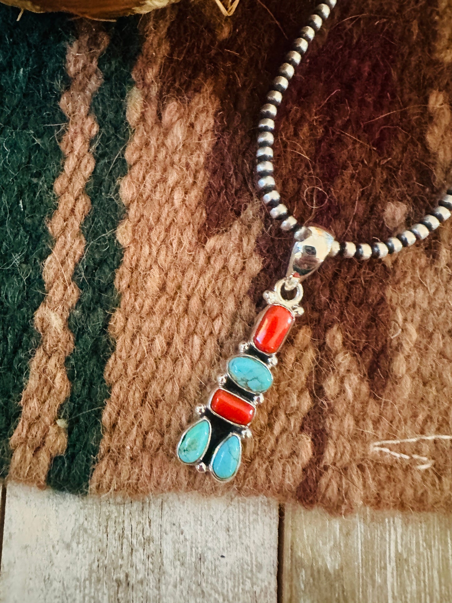 ** Christmas Collection ** Handmade Sterling Silver, Coral & Turquoise Pendant Signed Nizhoni
