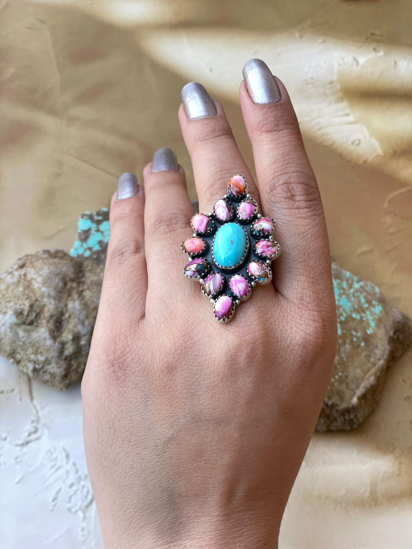 Handmade Sterling Silver, Pink Dream & Turquoise Cluster Adjustable Ring
