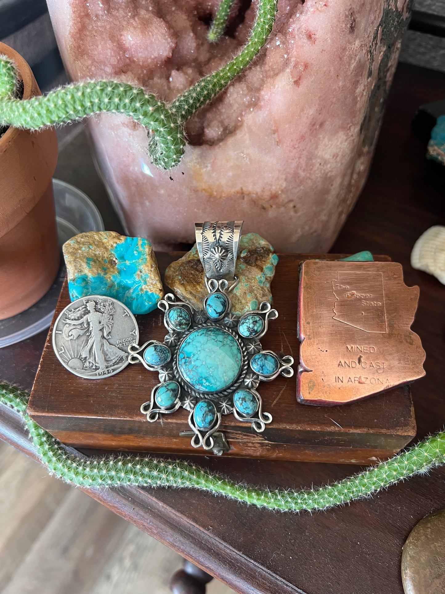 Apache Hubei Turquoise Sunburst Pendant by Rosella Paxson