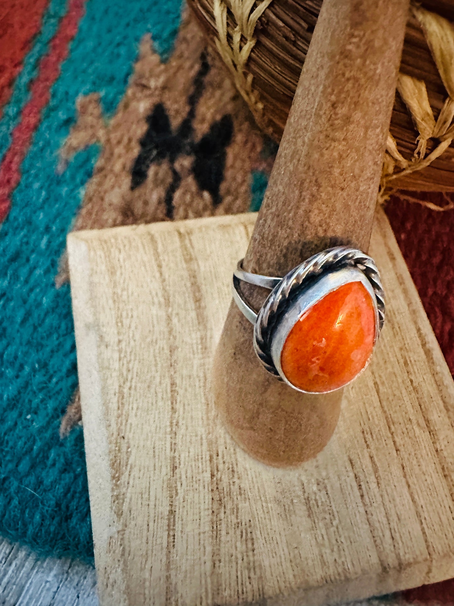 Navajo Orange Spiny Oyster & Sterling Silver Teardrop Ring
