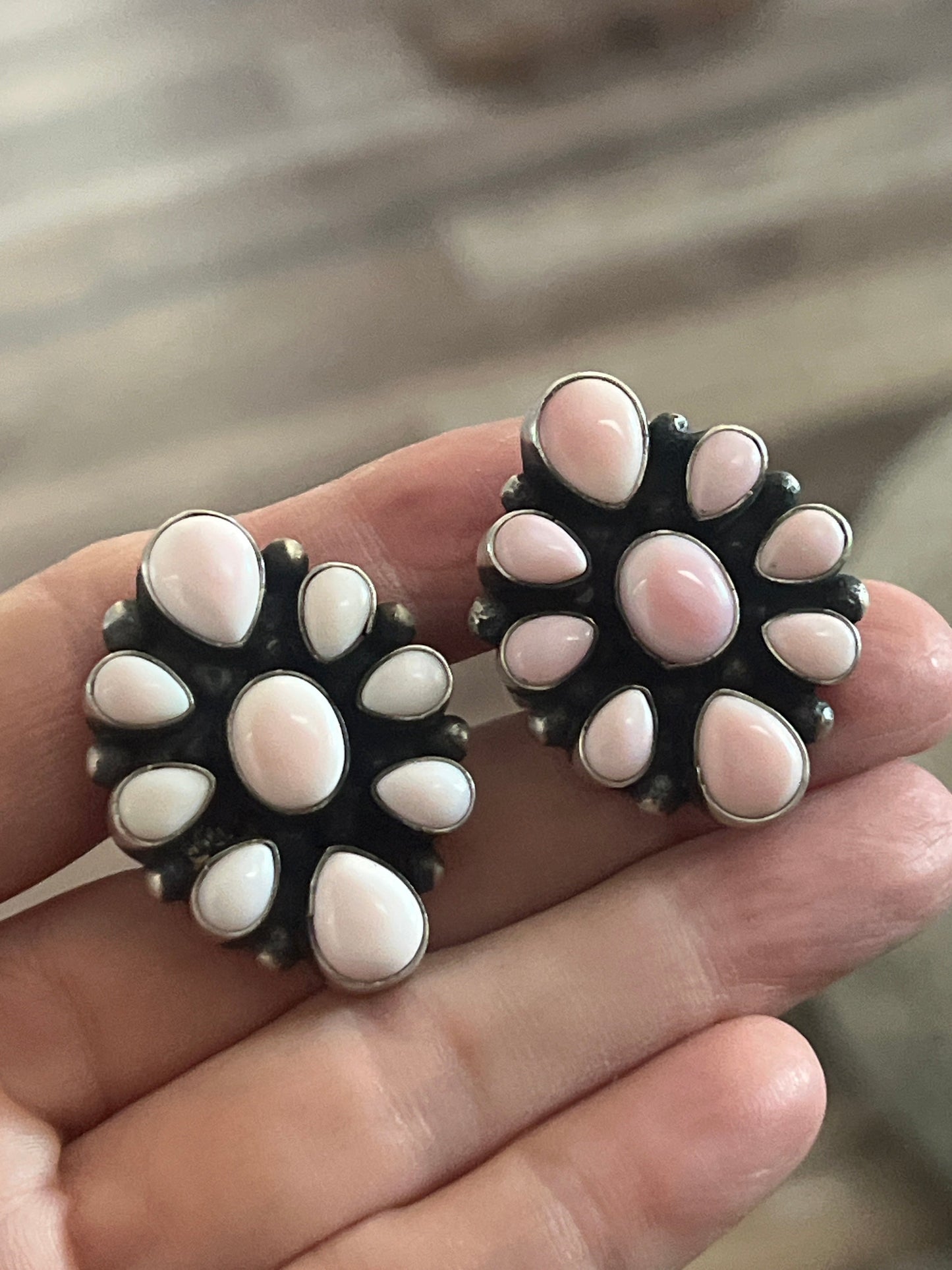 Navajo Sterling Silver and Queen Pink Conch Shell Cluster Ring by Travis Jim