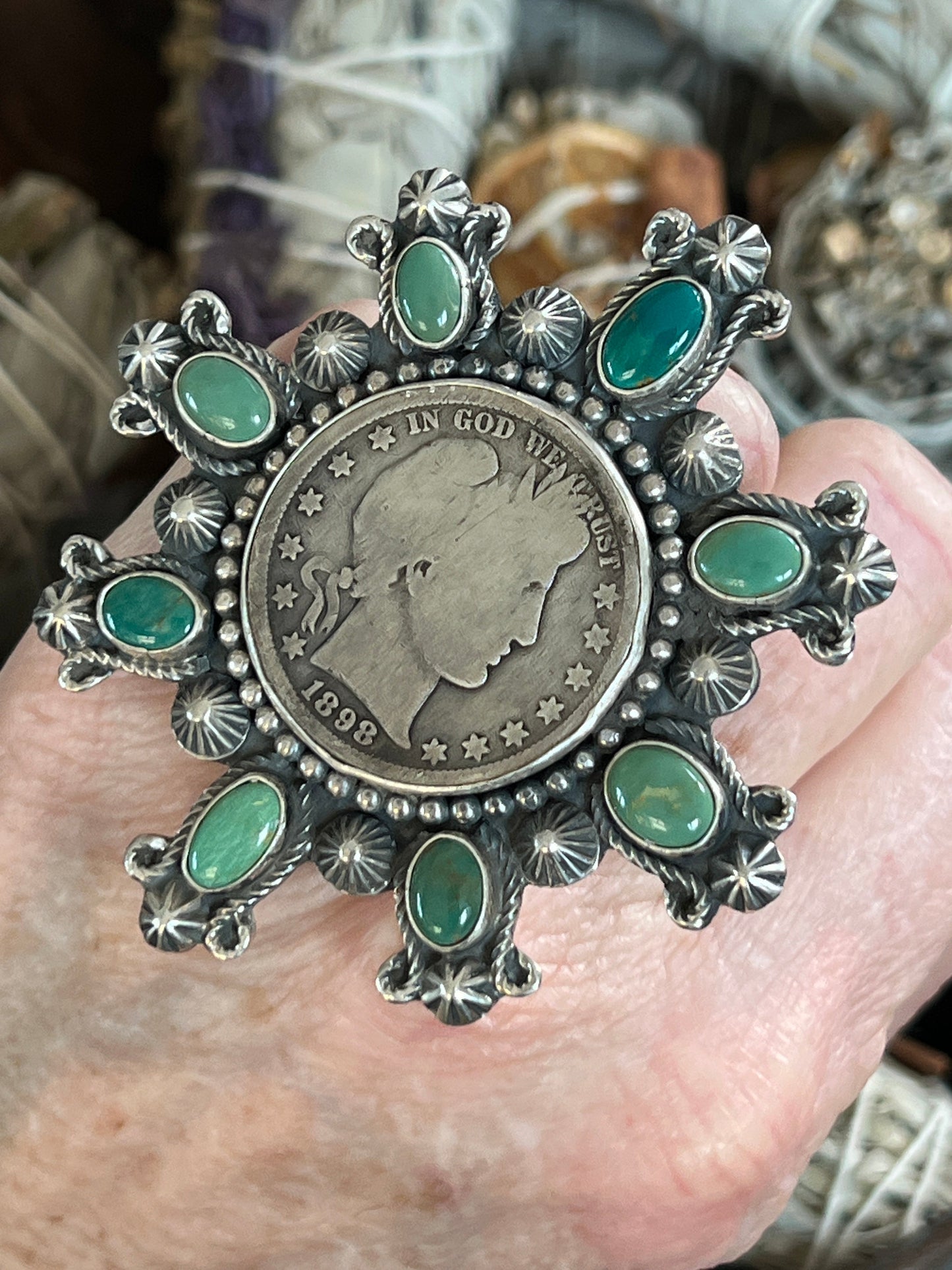 Rosella Paxson Hubei Turquoise and Barber Half Dollar Cluster Ring, Sz 6.5-7