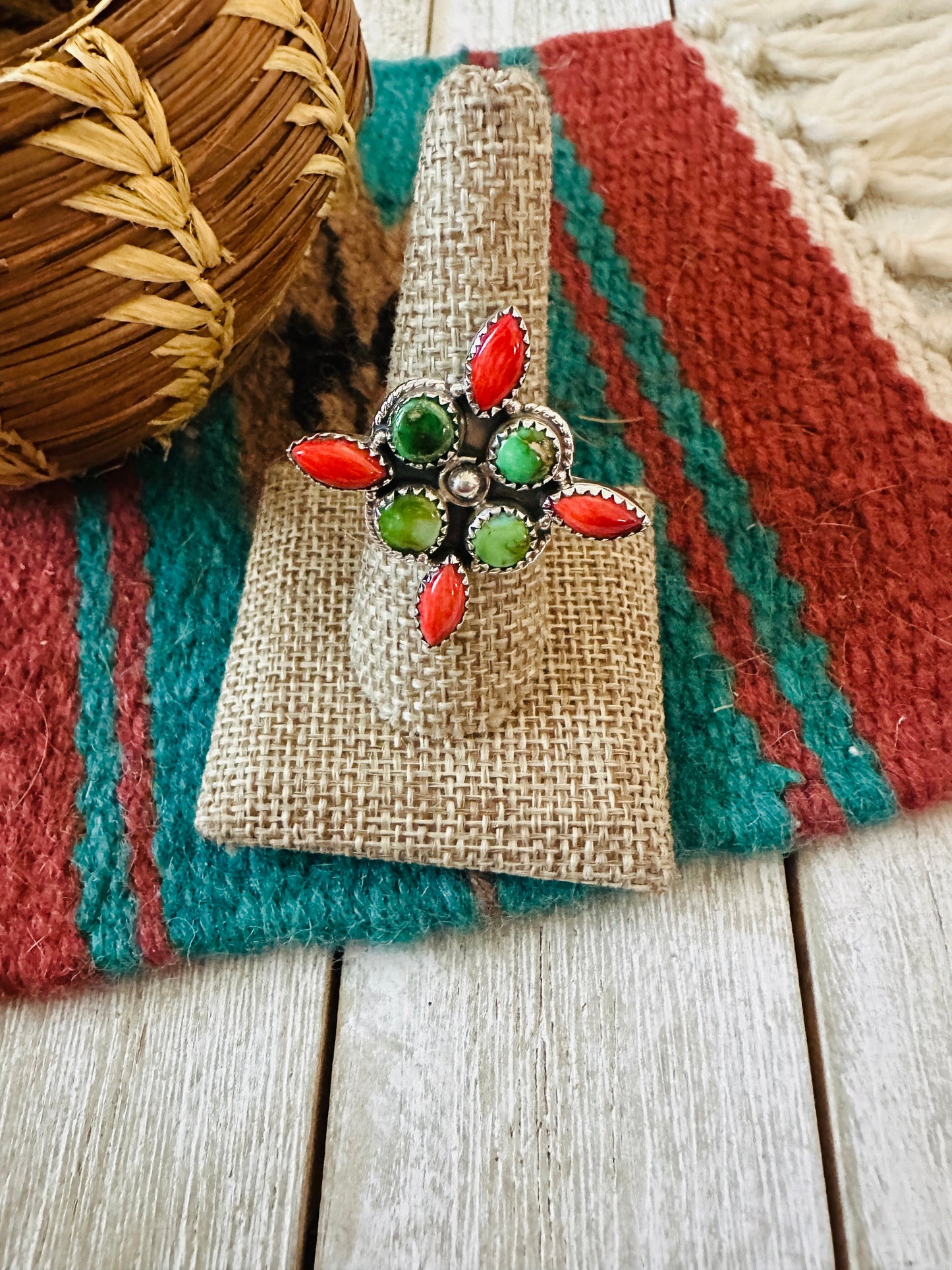 ** Christmas Collection ** Handmade Sterling Silver, Turquoise & Coral Adjustable Ring Signed Nizhoni